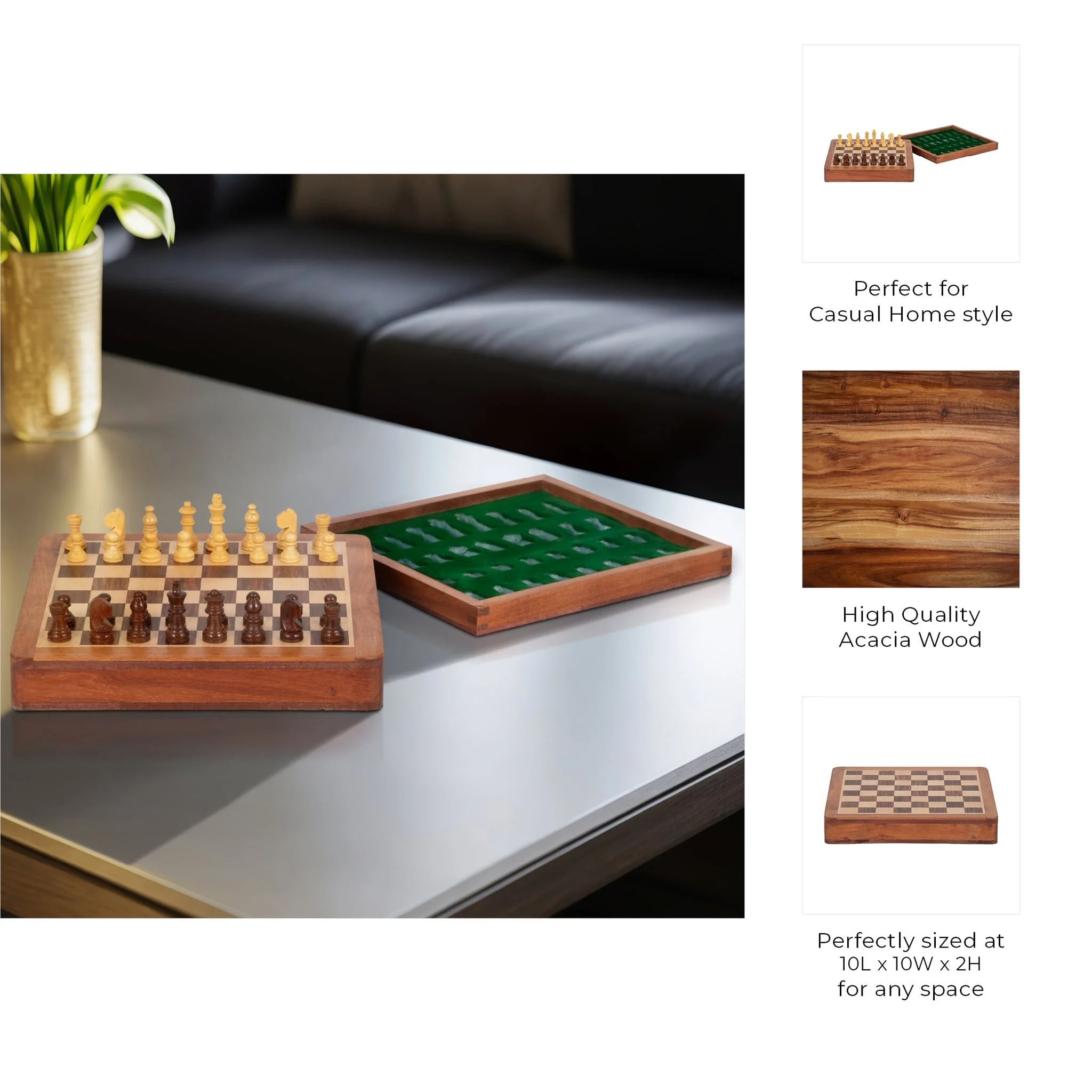 10" Acacia Wood Magnetic Chess Set, Natural - Image 10