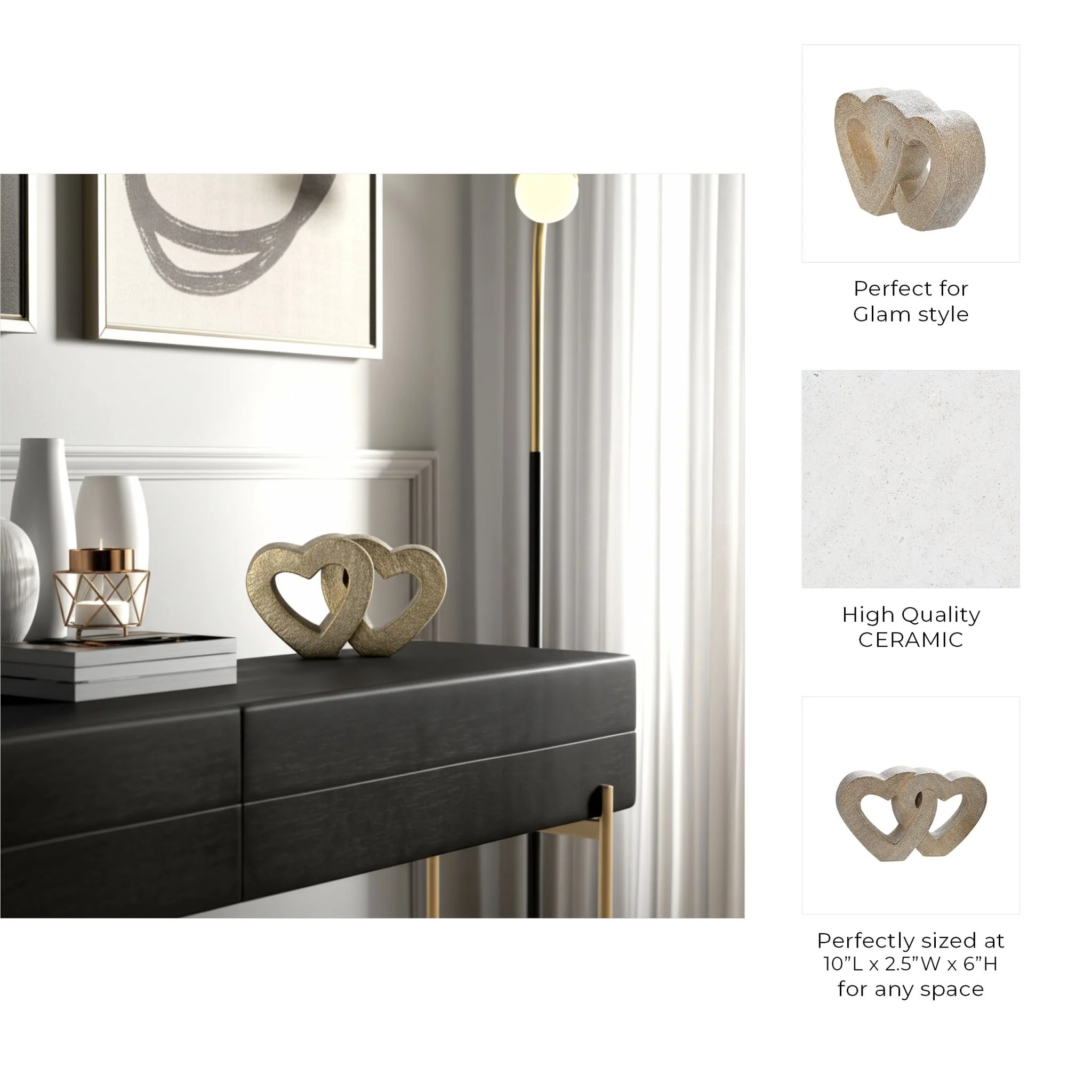 10" Ceramic Double Heart Table Deco, Champagne - Image 6