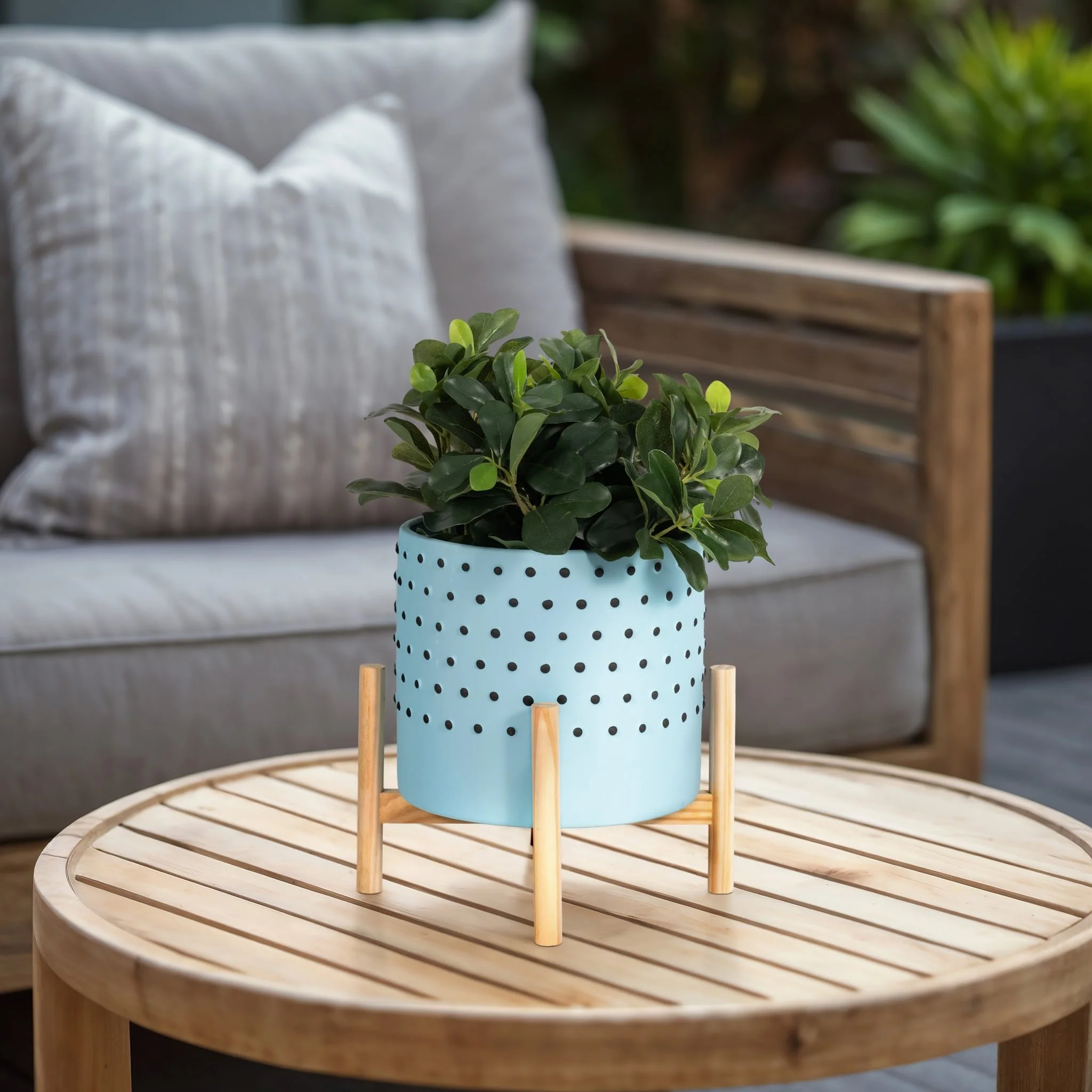 10" Dotted Planter W/ Wood Stand, Blue - Image 10
