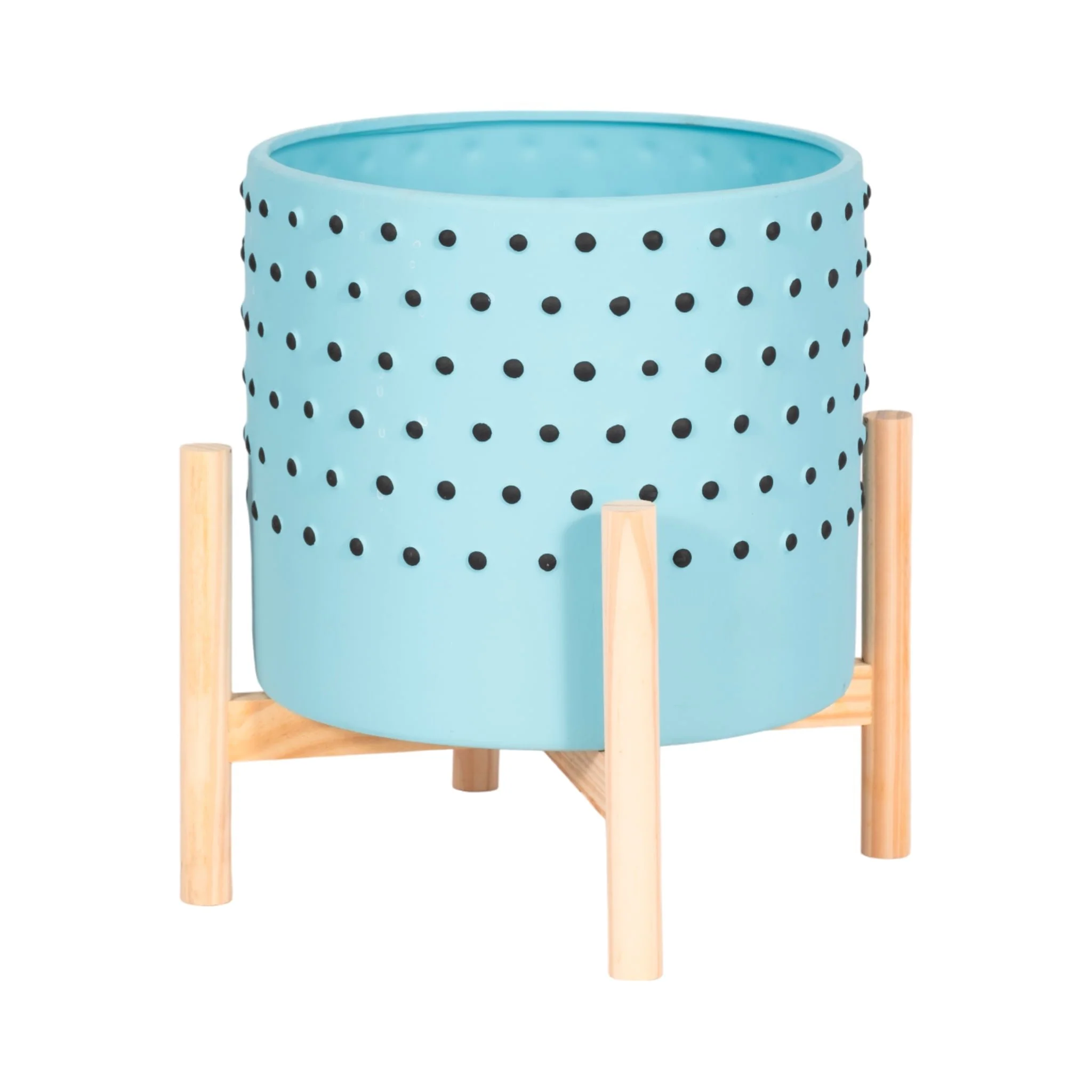 10" Dotted Planter W/ Wood Stand, Blue - Image 3