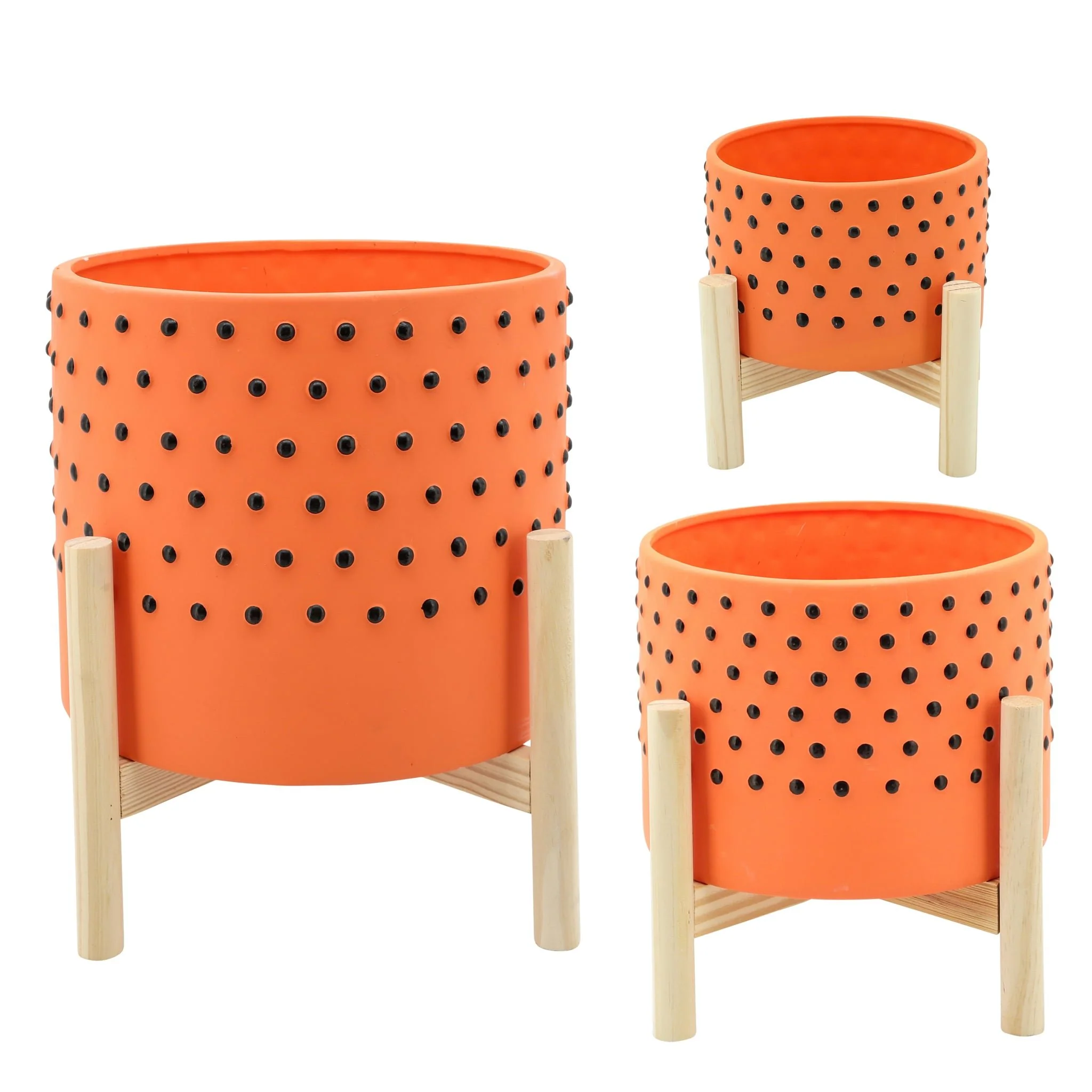 10" Dotted Planter W/ Wood Stand, Orange - Image 2
