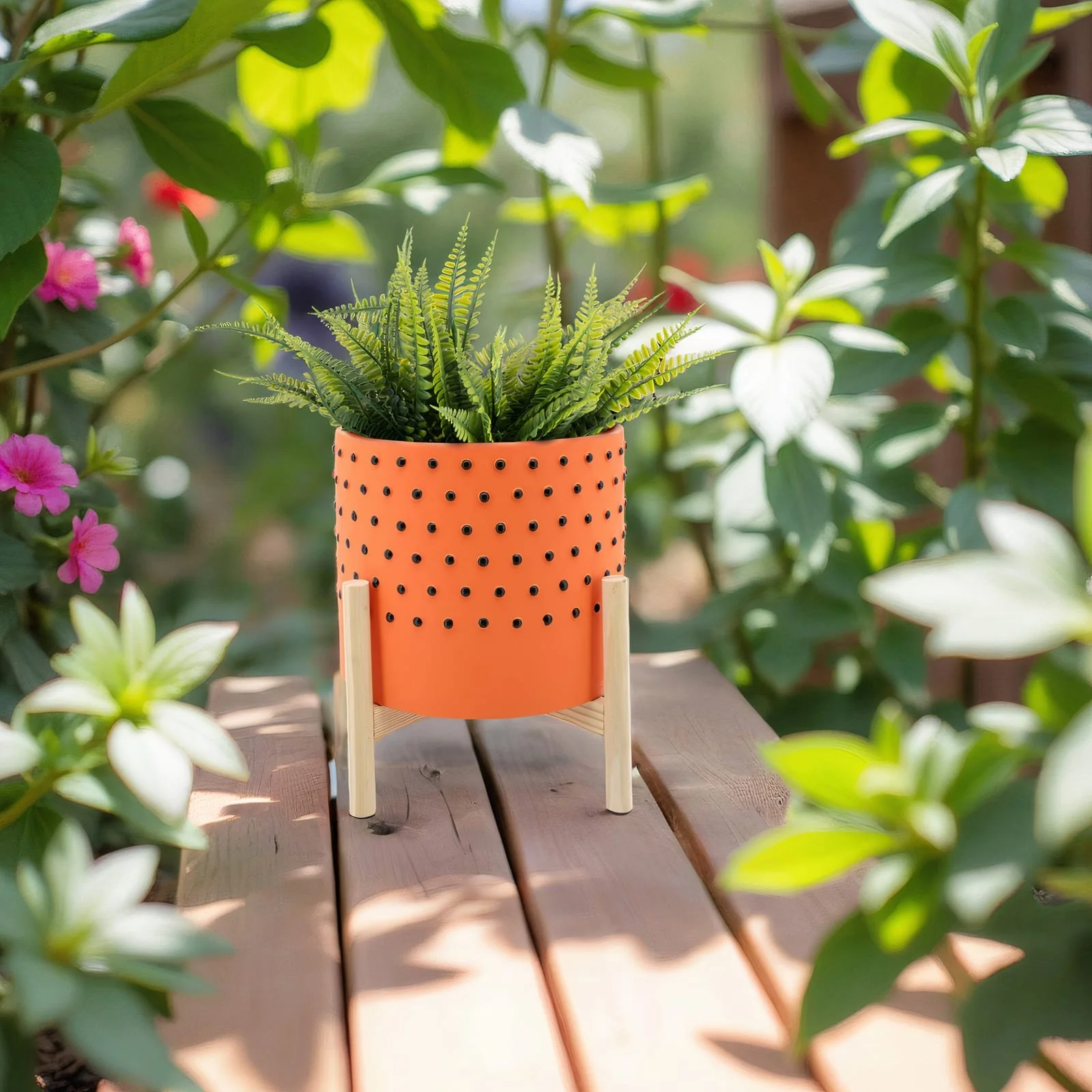 10" Dotted Planter W/ Wood Stand, Orange - Image 6