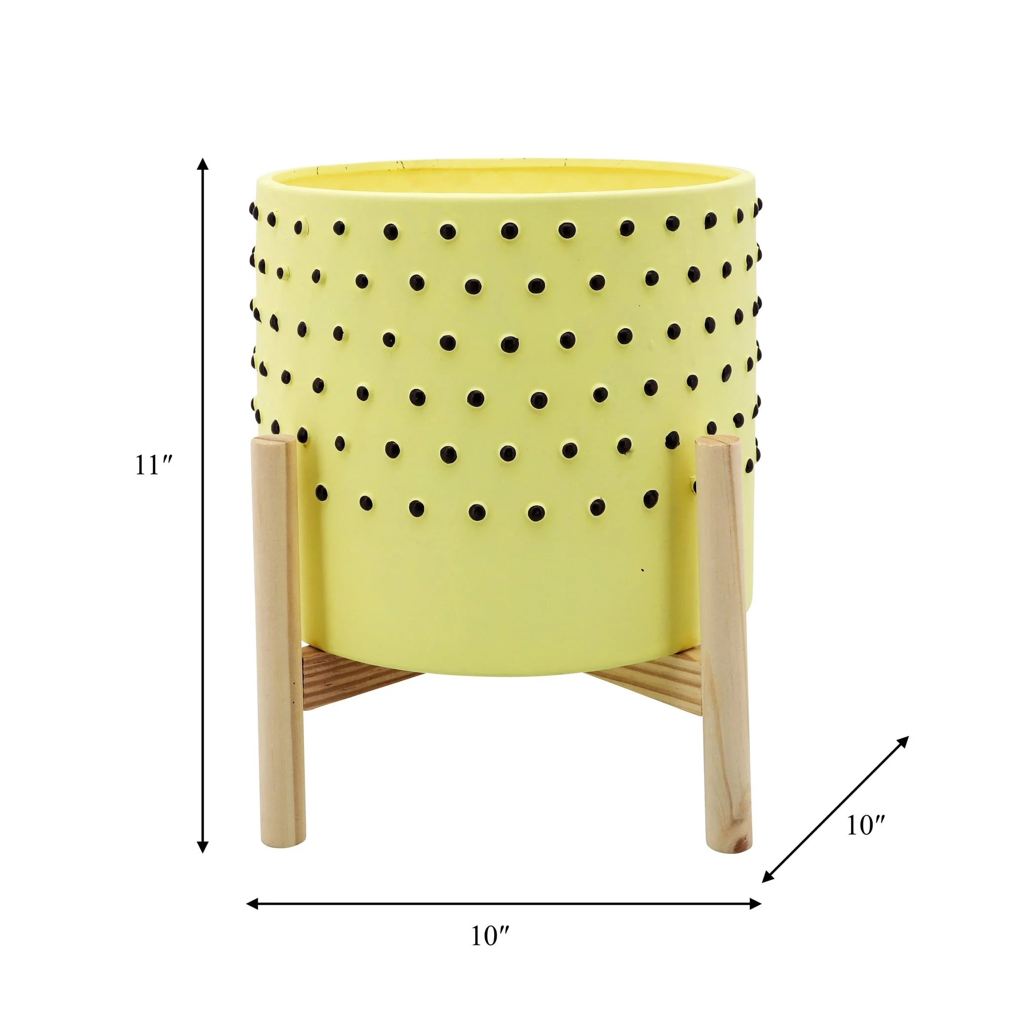 10" Dotted Planter W/ Wood Stand, Yellow - Image 3