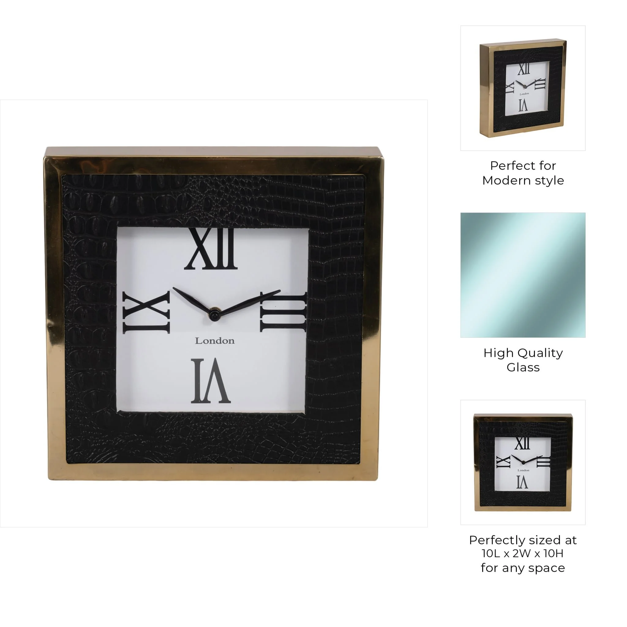 10" Faux Leather Croc Square Clock, Black/gold - Image 9