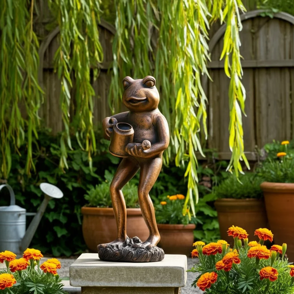 10" Frog With Watering Can, Bronze - Image 11