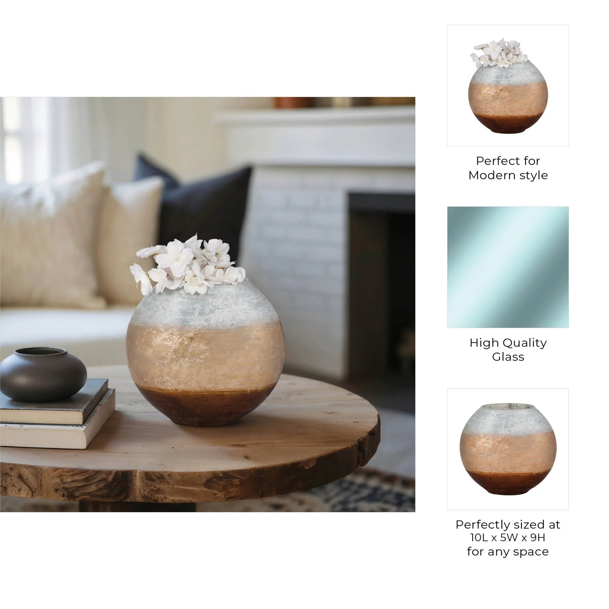 10" Gold Ombre Round Vase, White/gold - Image 10