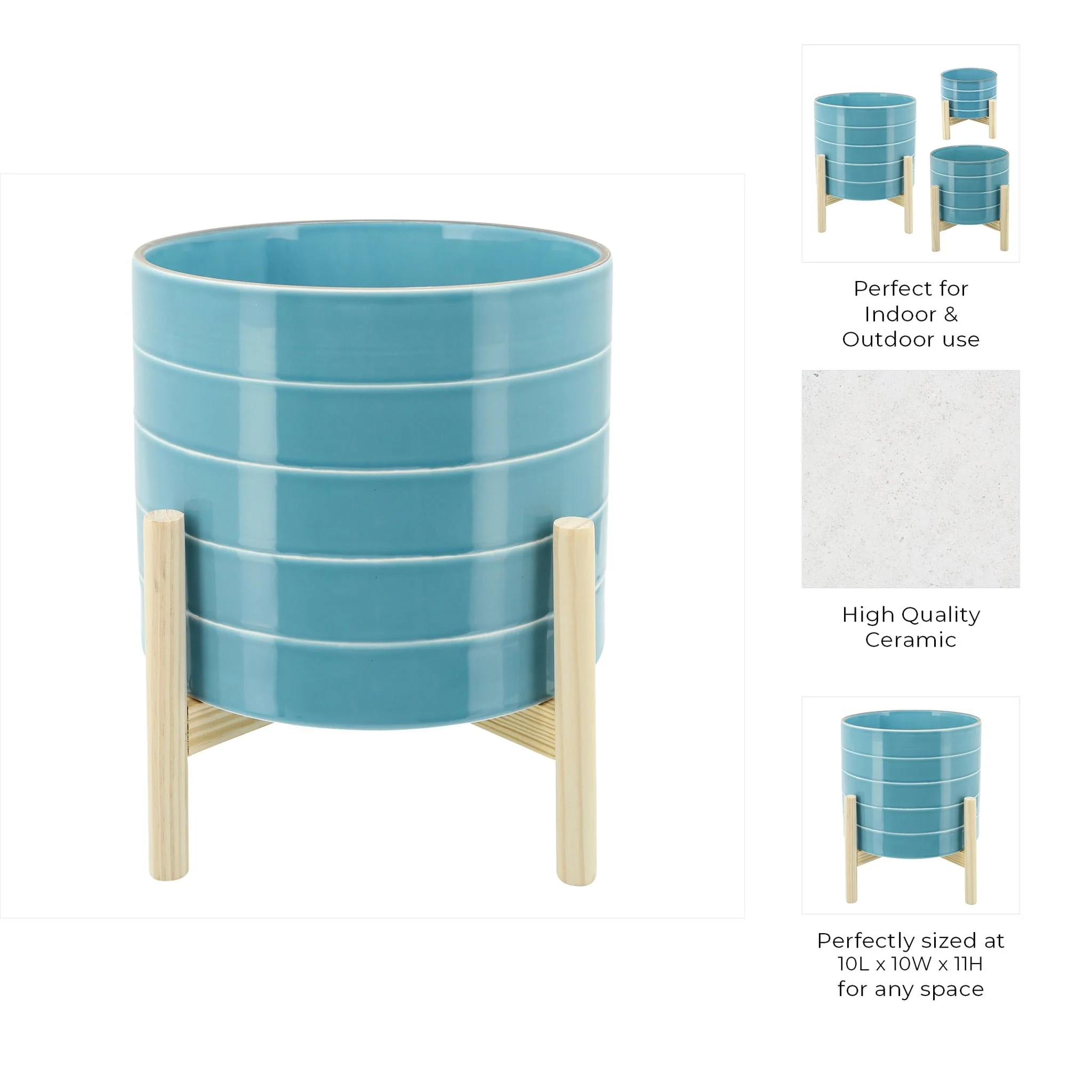 10" Striped Planter W/ Wood Stand, Skyblue - Image 4