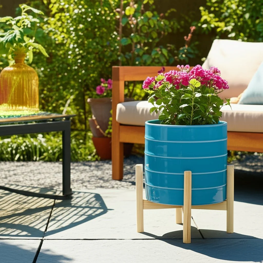 10" Striped Planter W/ Wood Stand, Skyblue - Image 6