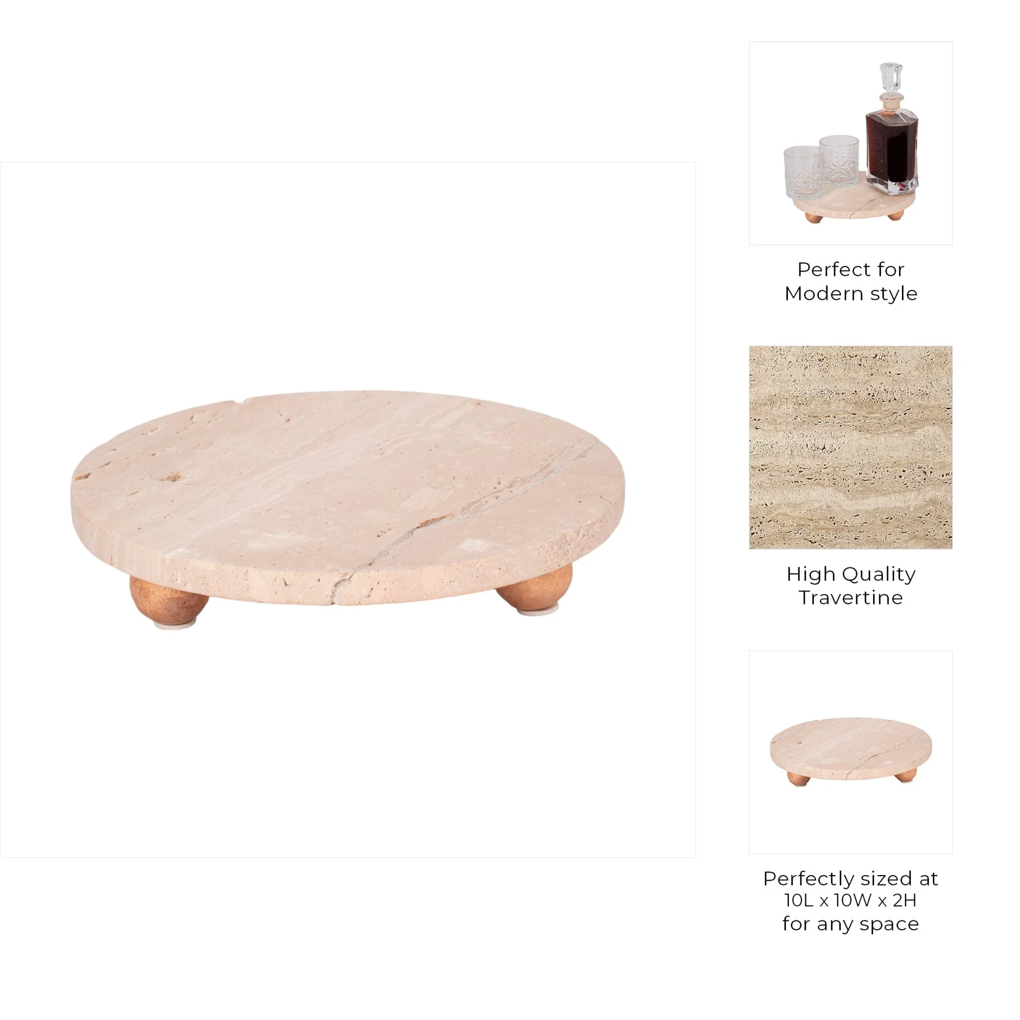 10" Travertine Tray On Wood Ball Feet, Tan - Image 8