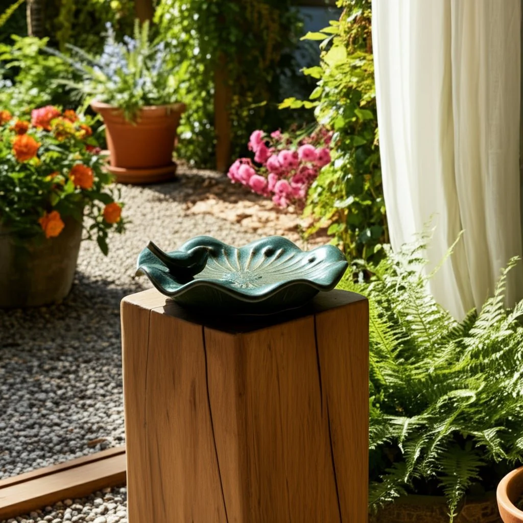 10x2" Flower Birdbath With Perched Bird, Green - Image 11