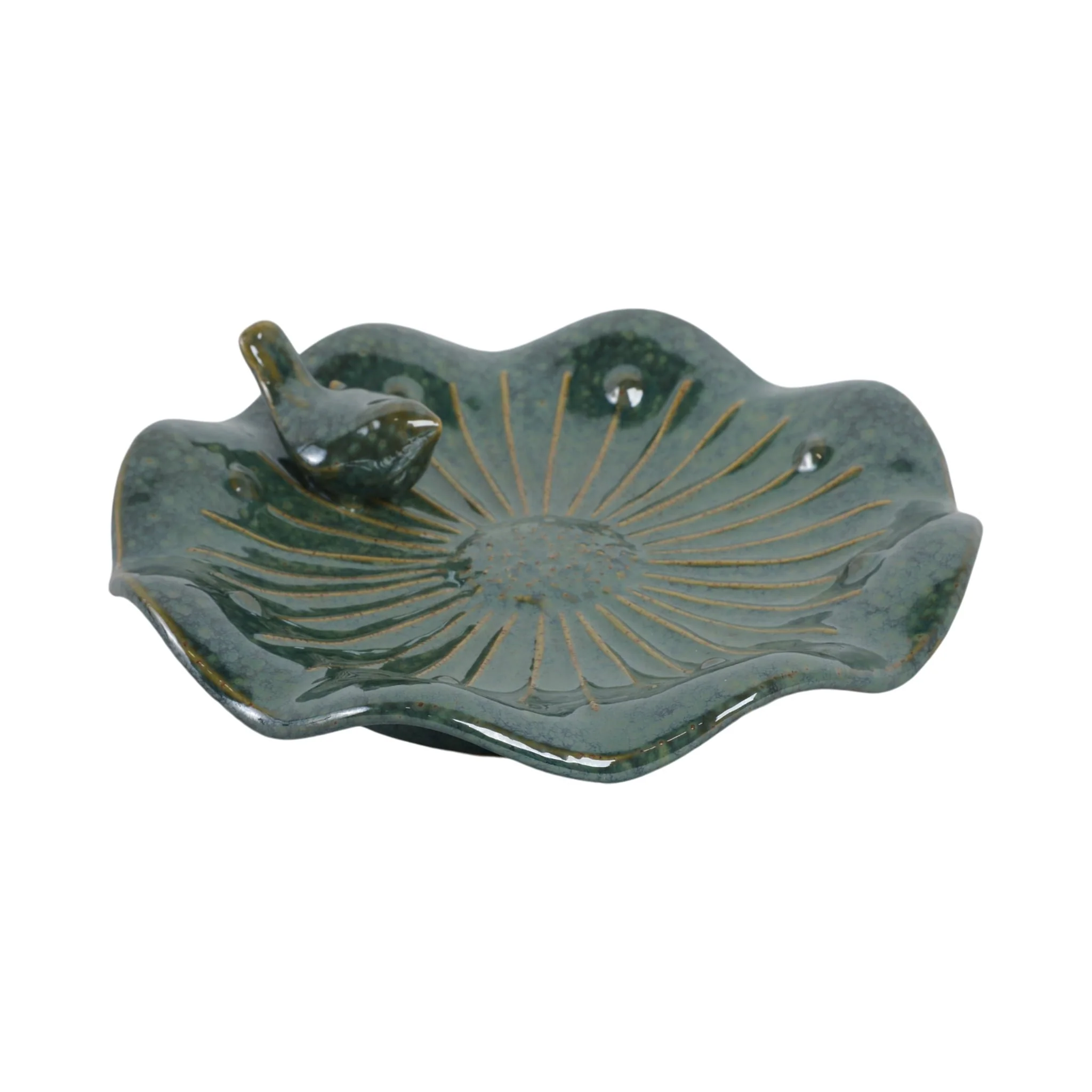 10x2" Flower Birdbath With Perched Bird, Green - Image 2
