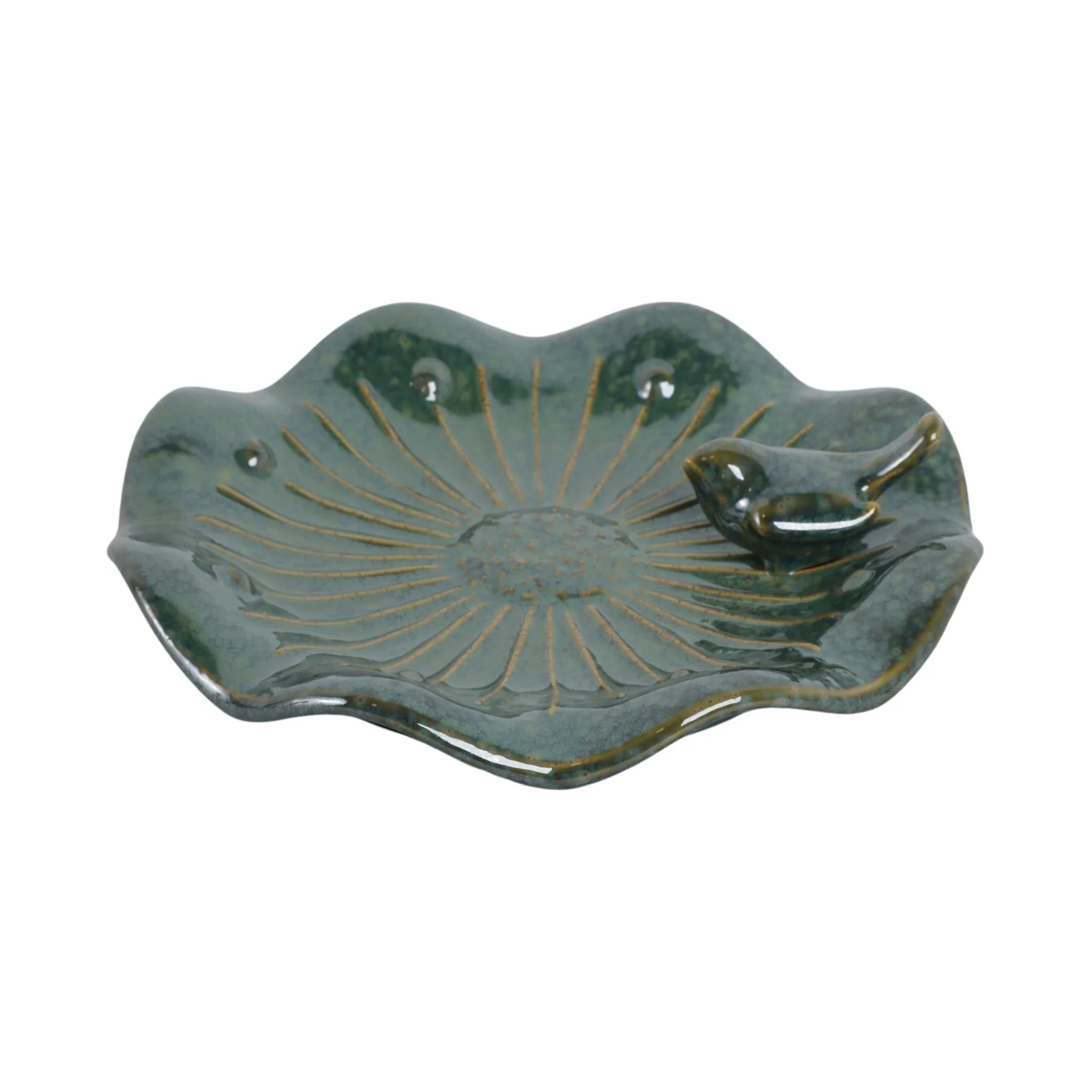 10x2" Flower Birdbath With Perched Bird, Green - Image 4