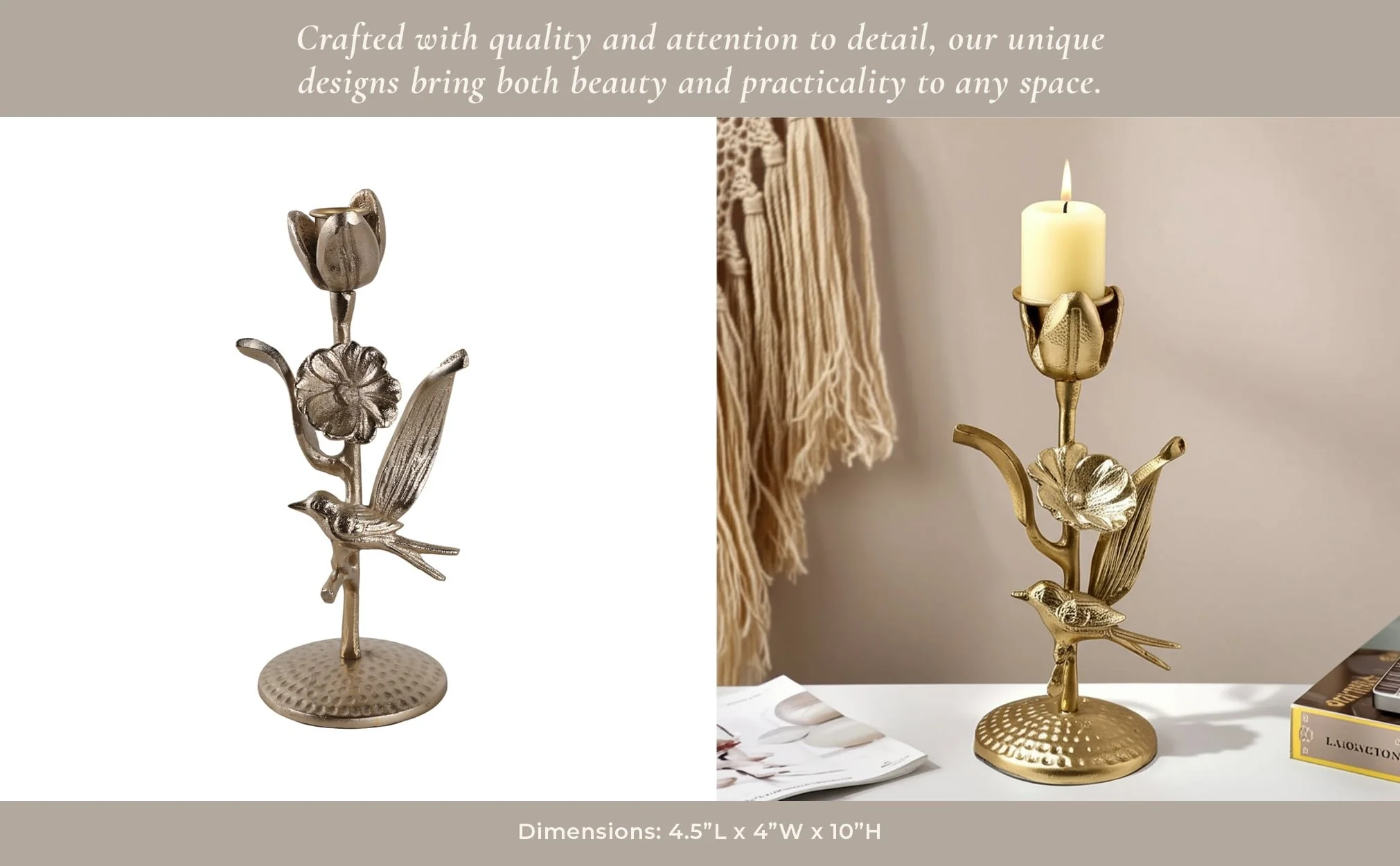 10x5" Bird & Flower Taper Holder, Champagne - Image 10