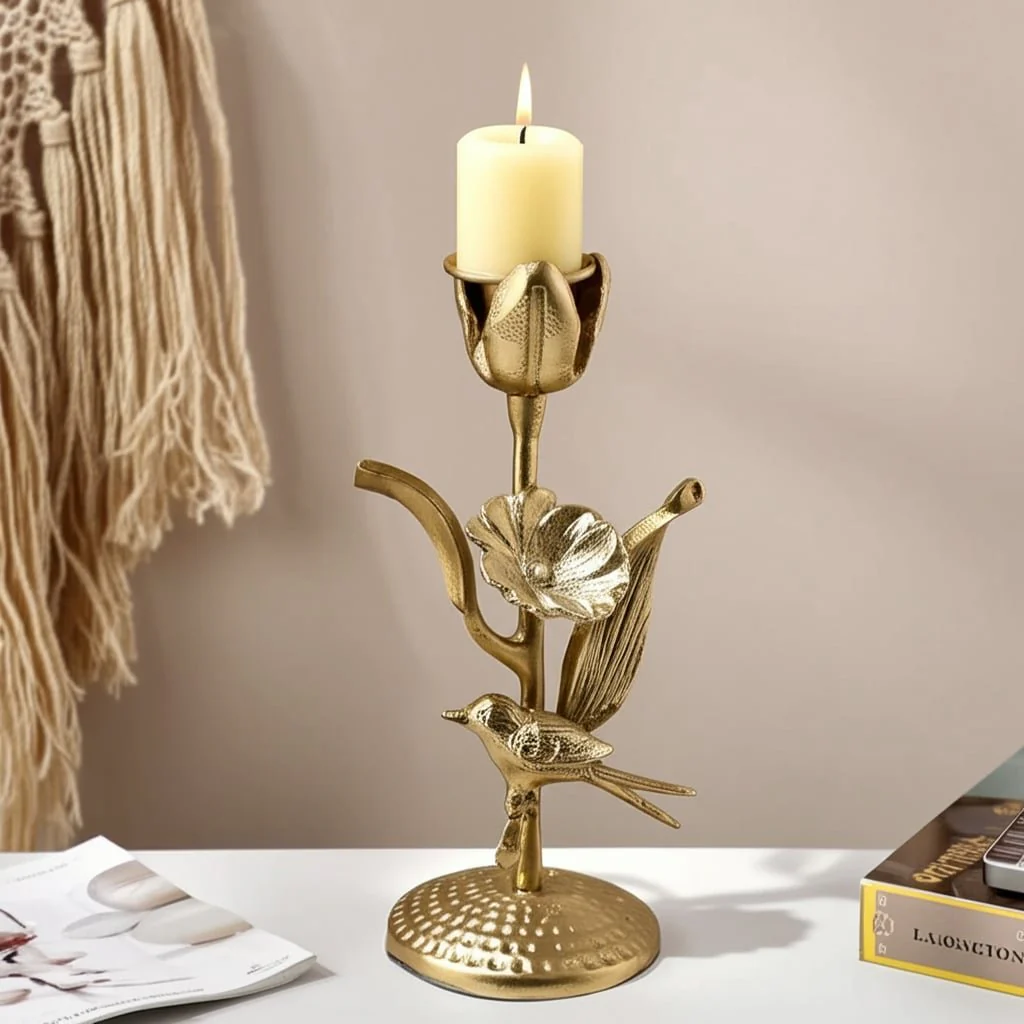 10x5" Bird & Flower Taper Holder, Champagne - Image 9