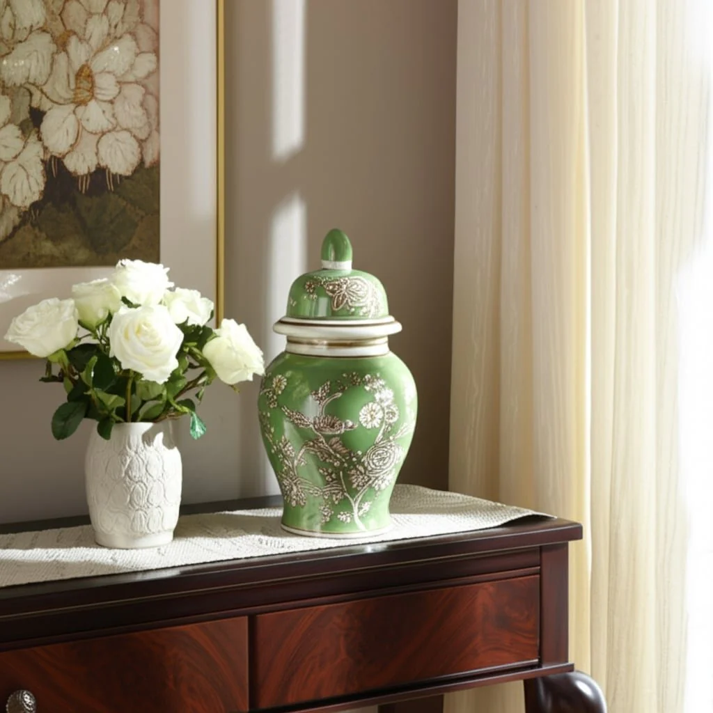 10x6" Bird & Flower Temple Jar, Green/brown - Image 10