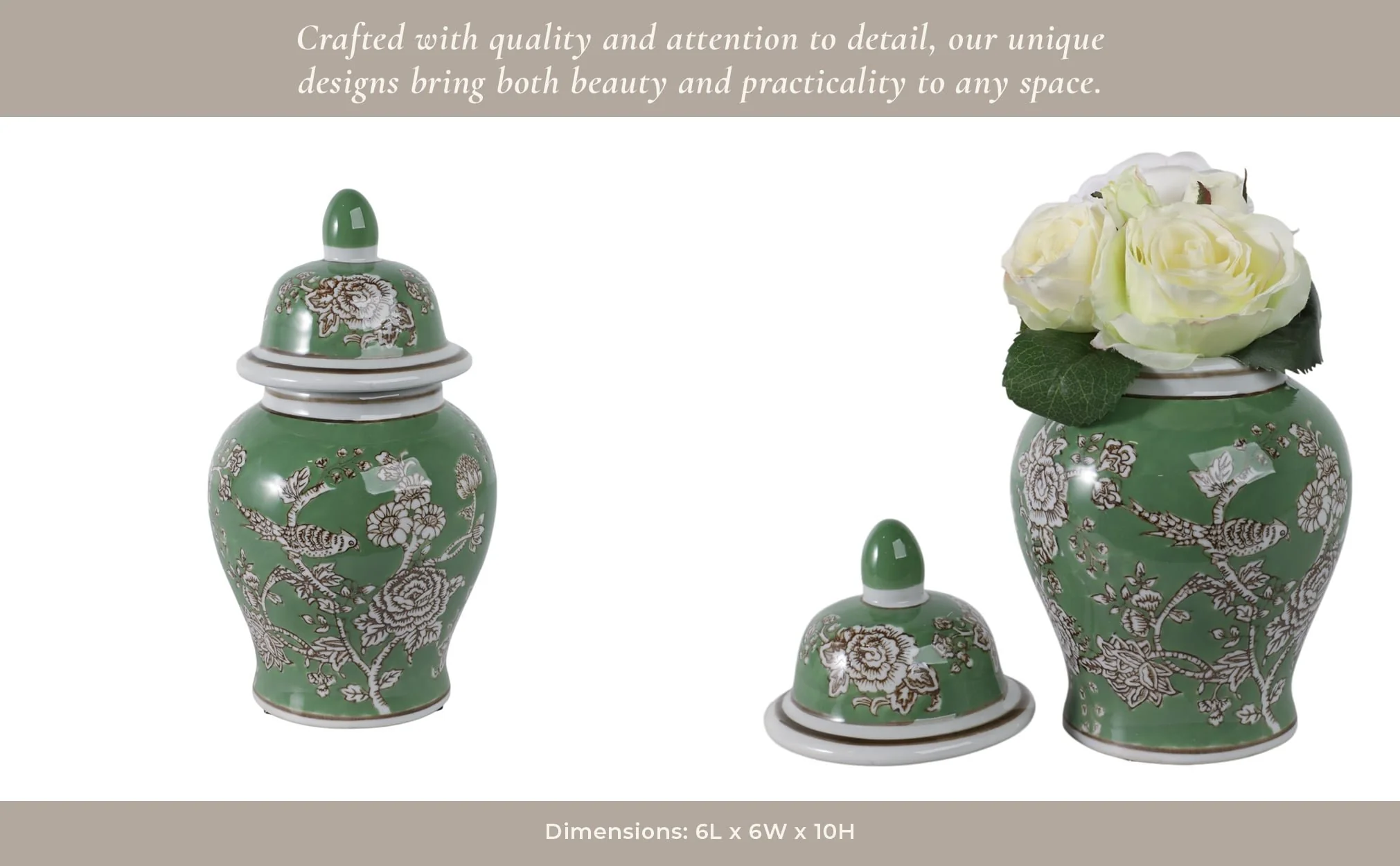 10x6" Bird & Flower Temple Jar, Green/brown - Image 13