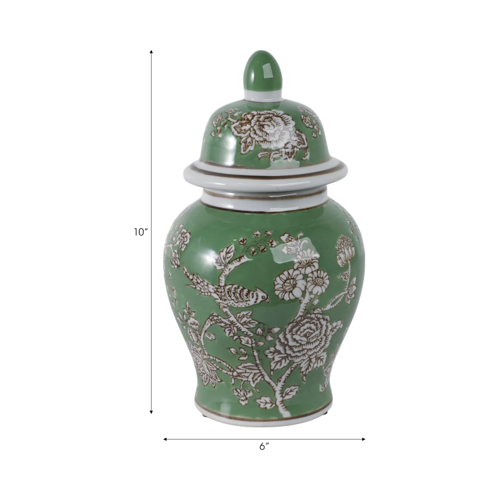10x6" Bird & Flower Temple Jar, Green/brown - Image 8