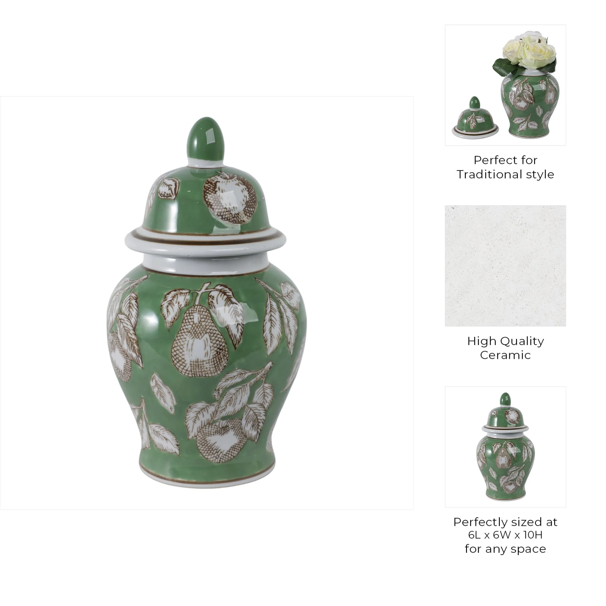 10x6" Pears & Twigs Temple Jar, Green/brown - Image 9