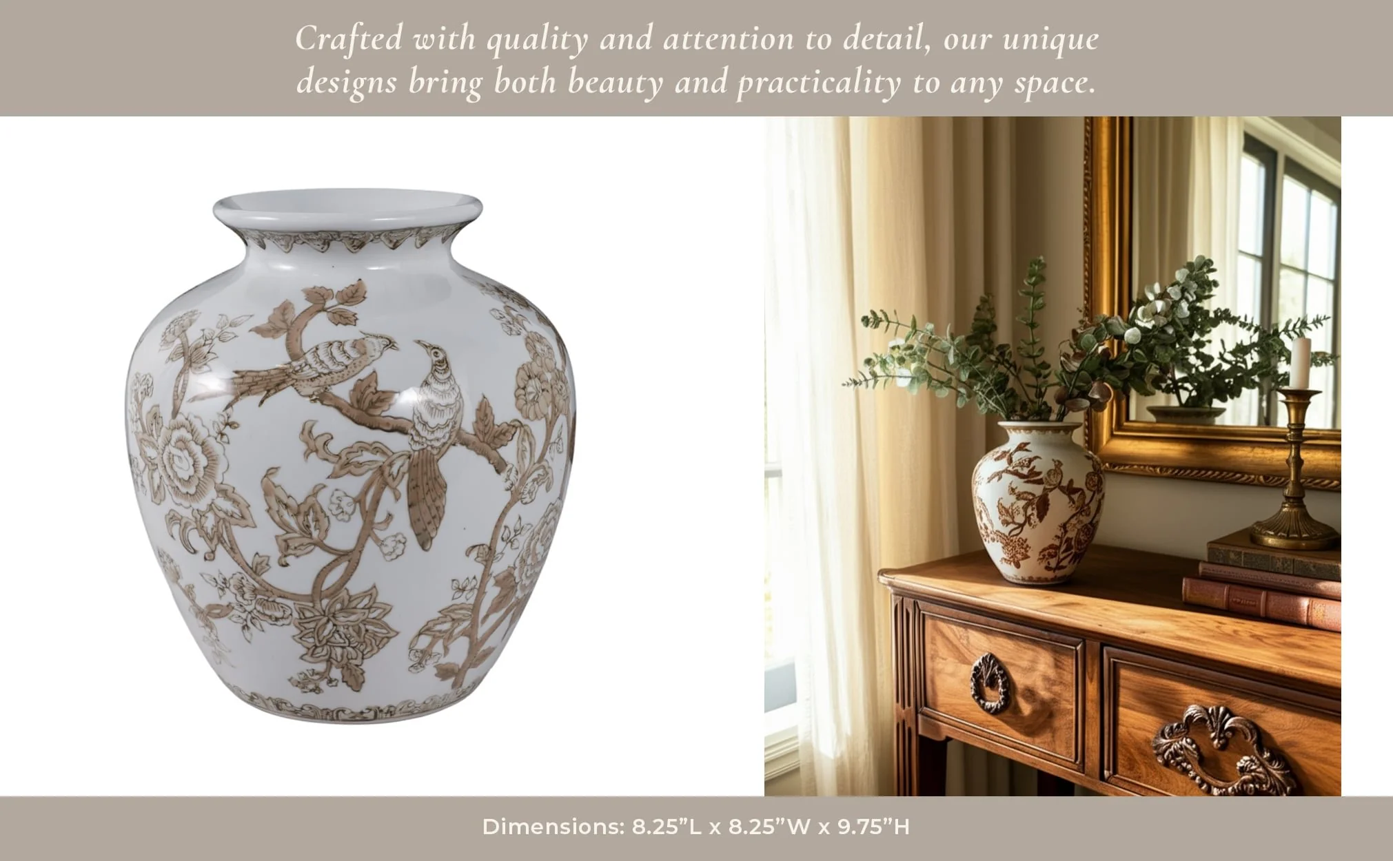 10x8" Chinoiserie Bird & Vines Vase, Brown/ White - Image 12