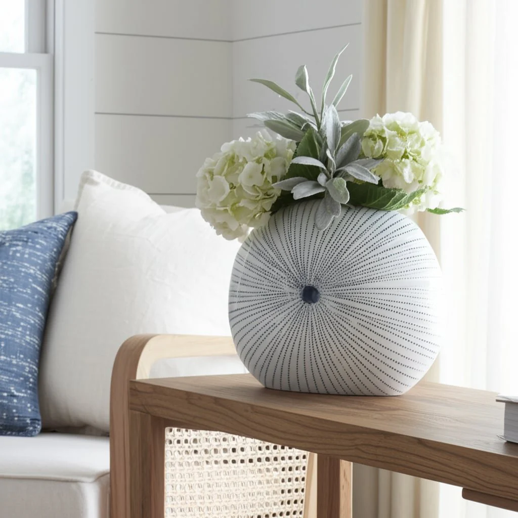 10x9" Round Dotted Shell Vase, White/blue - Image 11