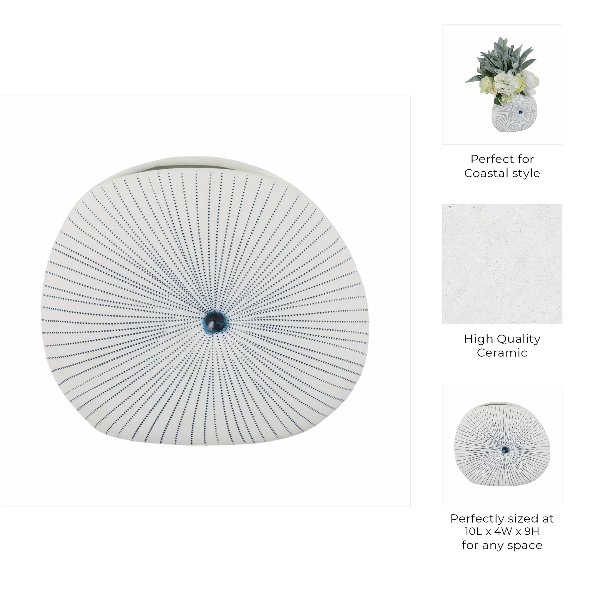 10x9" Round Dotted Shell Vase, White/blue - Image 9