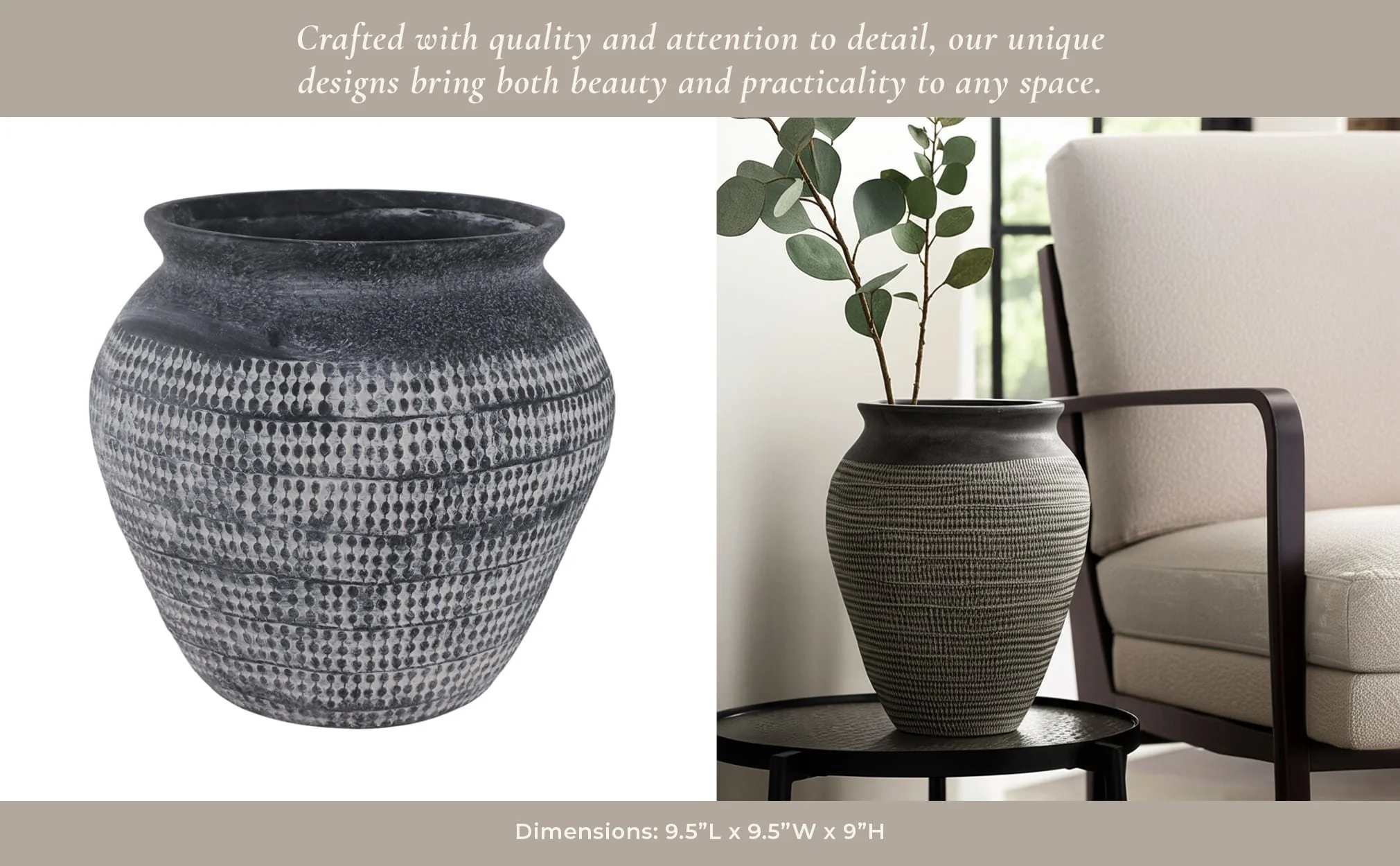 10x9" Textured Stoneware Vase, Black - Image 11