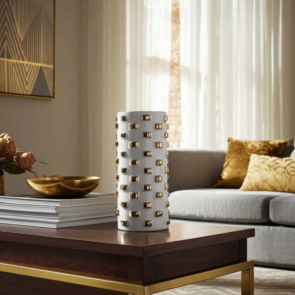 11" Cylinder Vase, White/gold - Image 11