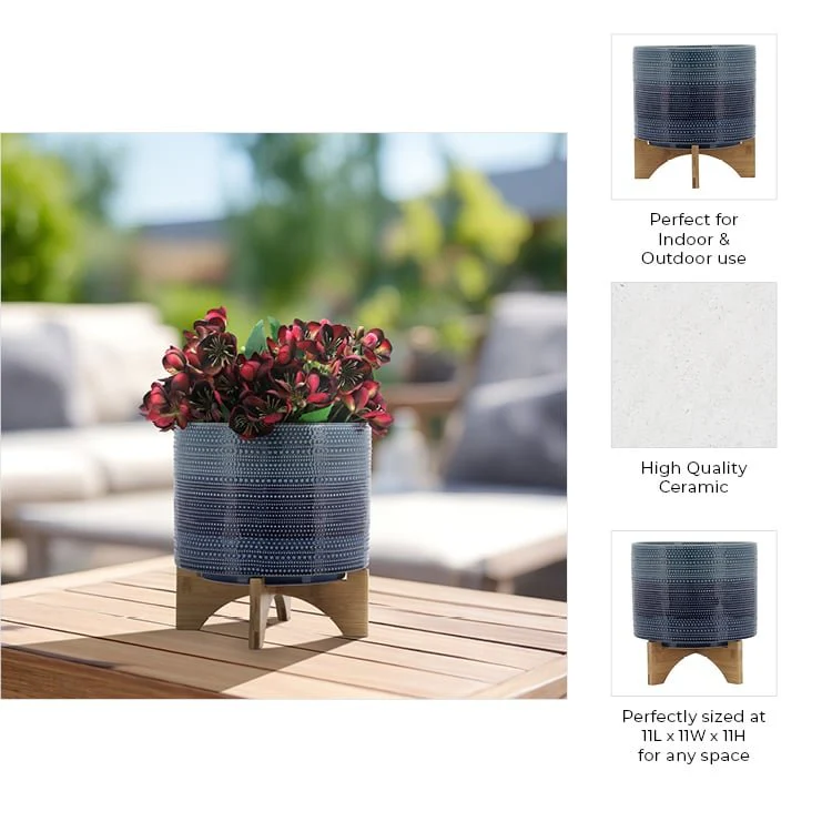 11" Dotted Planter W/ Wood Stand, Blue - Image 10