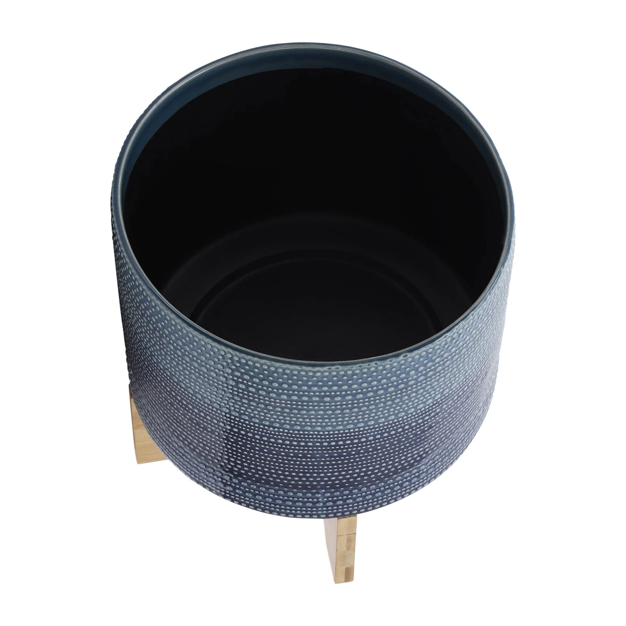 11" Dotted Planter W/ Wood Stand, Blue - Image 4