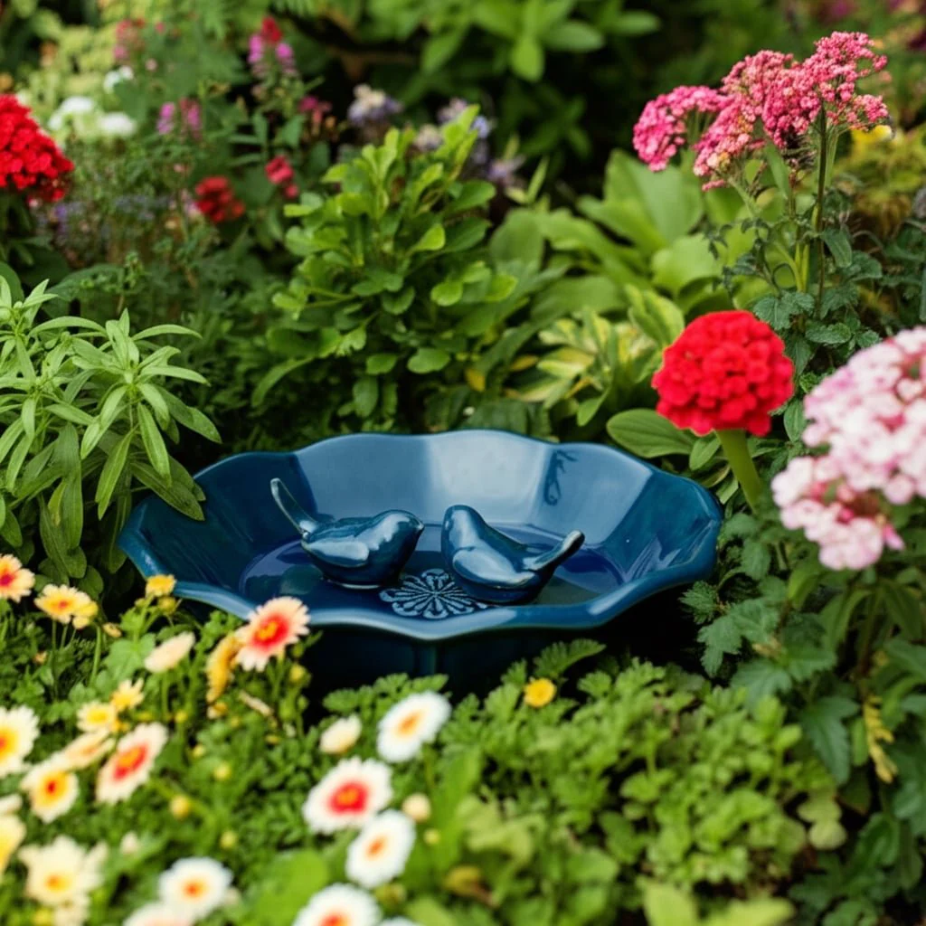 11" Flower Bird Bath, Blue - Image 9