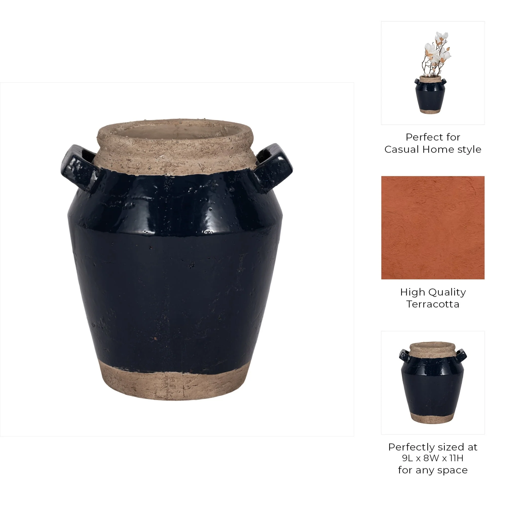 11" Squared Handle Vase, Navy/tan - Image 10