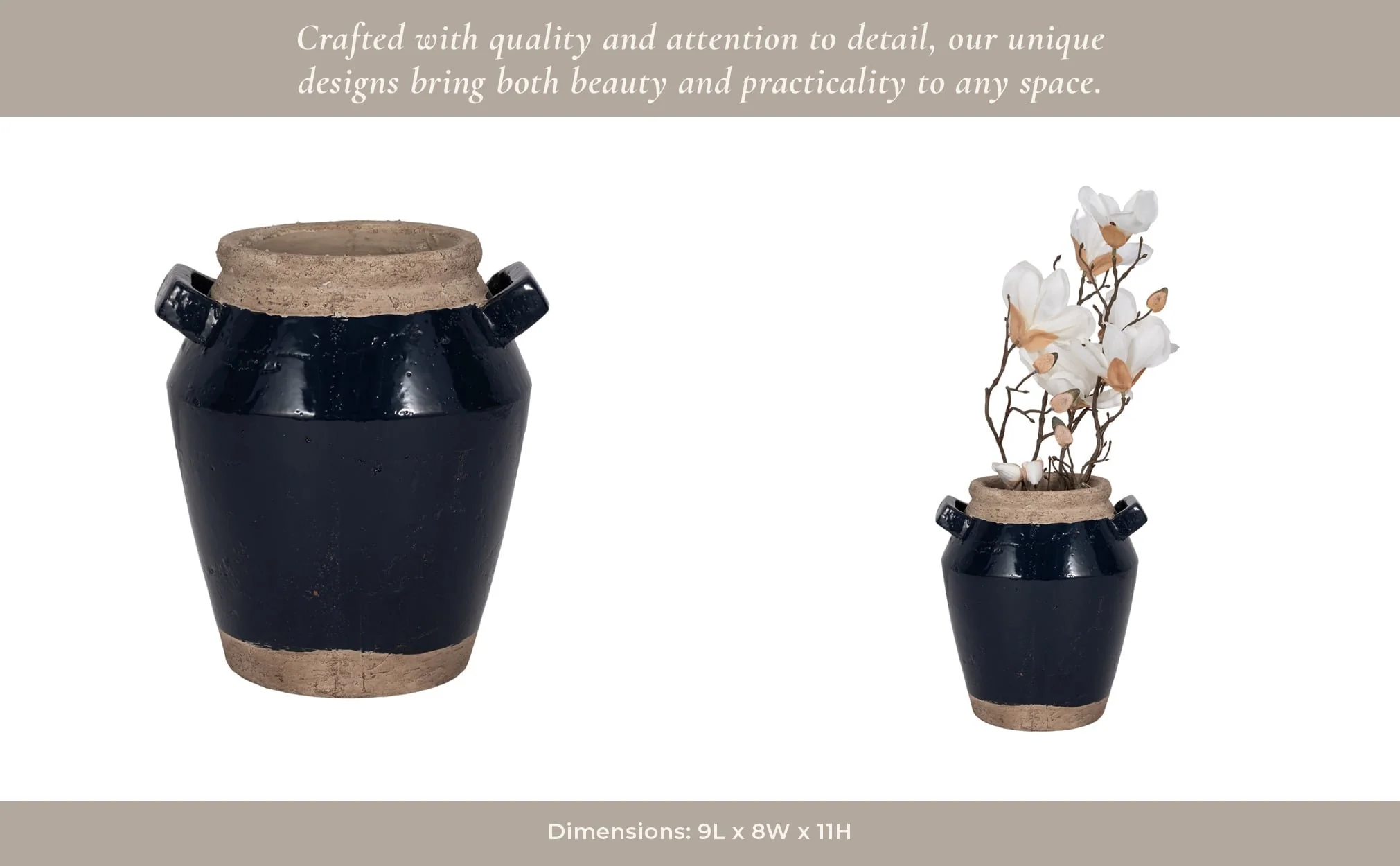 11" Squared Handle Vase, Navy/tan - Image 12