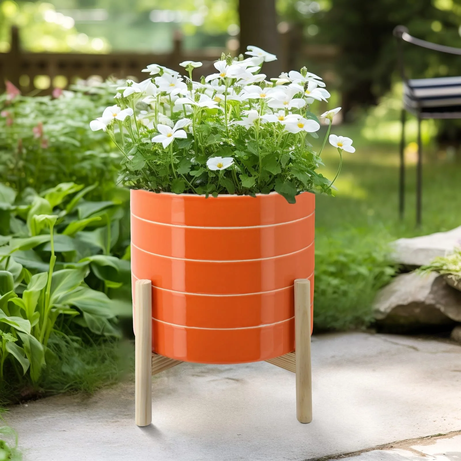 11" Striped Planter W/ Wood Stand, Orange - Image 5