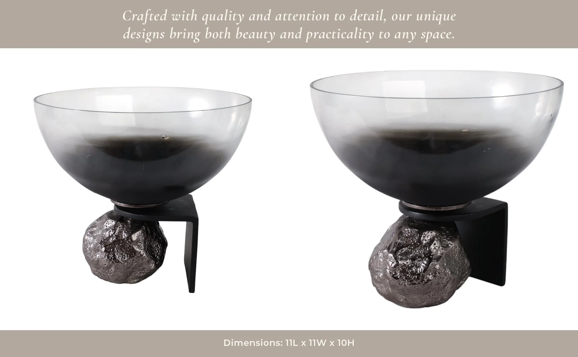11x10" Glass Bowl On Rock Pedestal, Black/silver - Image 11