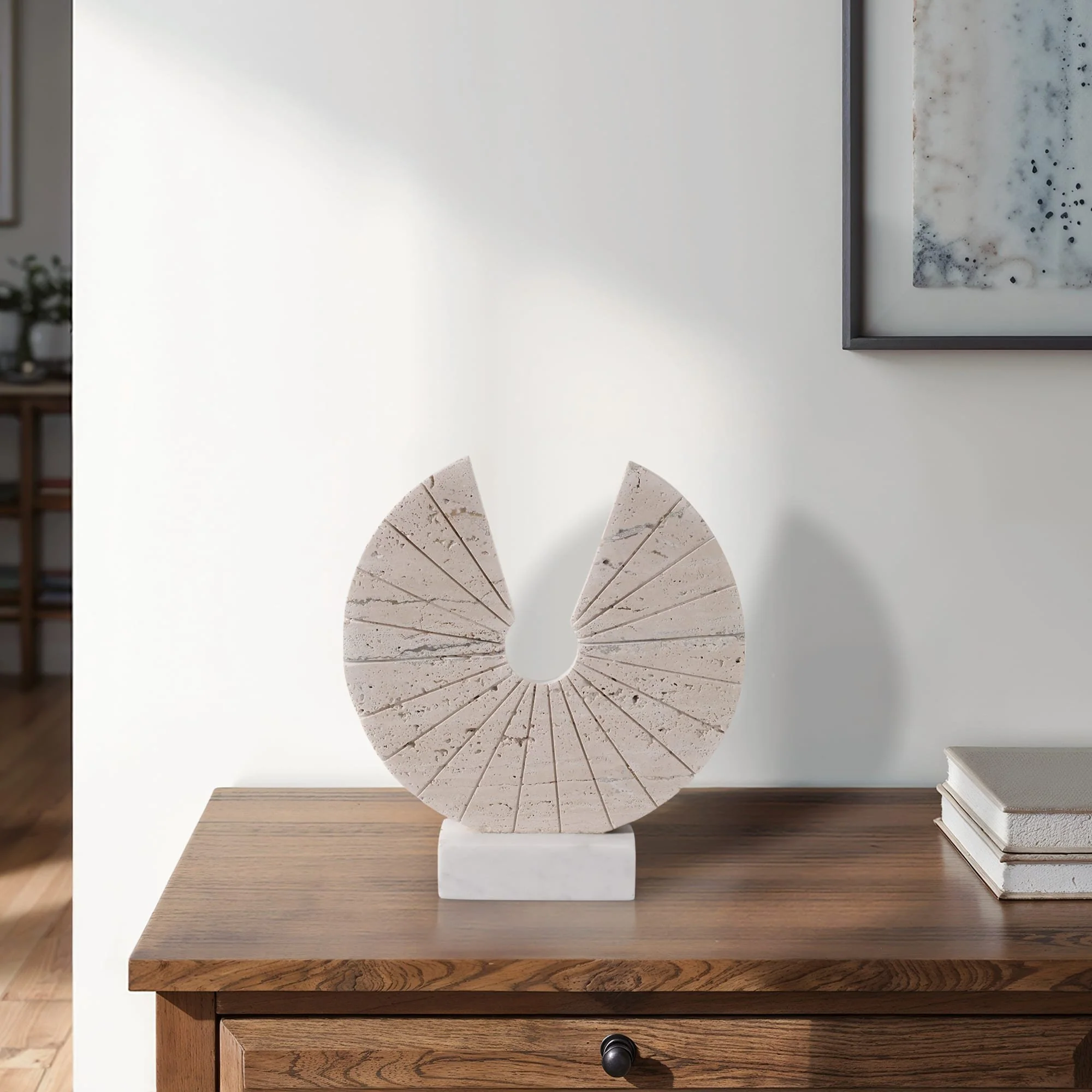 11x10" Travertine Open Circle On Marble Base, Tan/ - Image 10