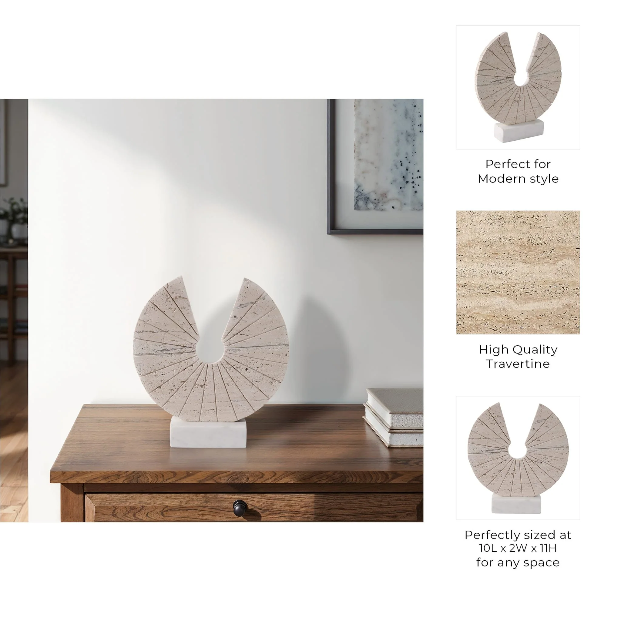 11x10" Travertine Open Circle On Marble Base, Tan/ - Image 9