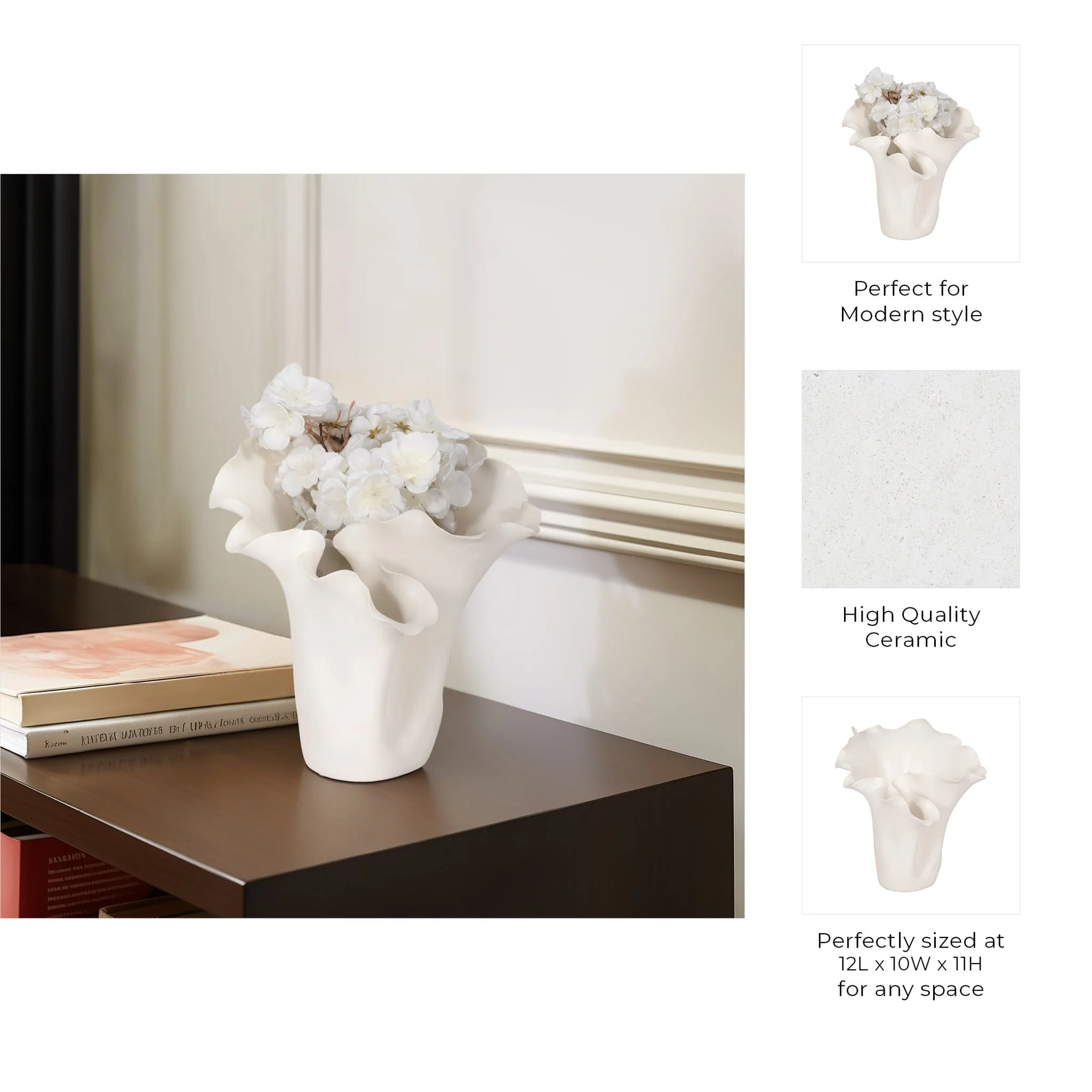 11x12" Handmade Flutter Vase, White - Image 10