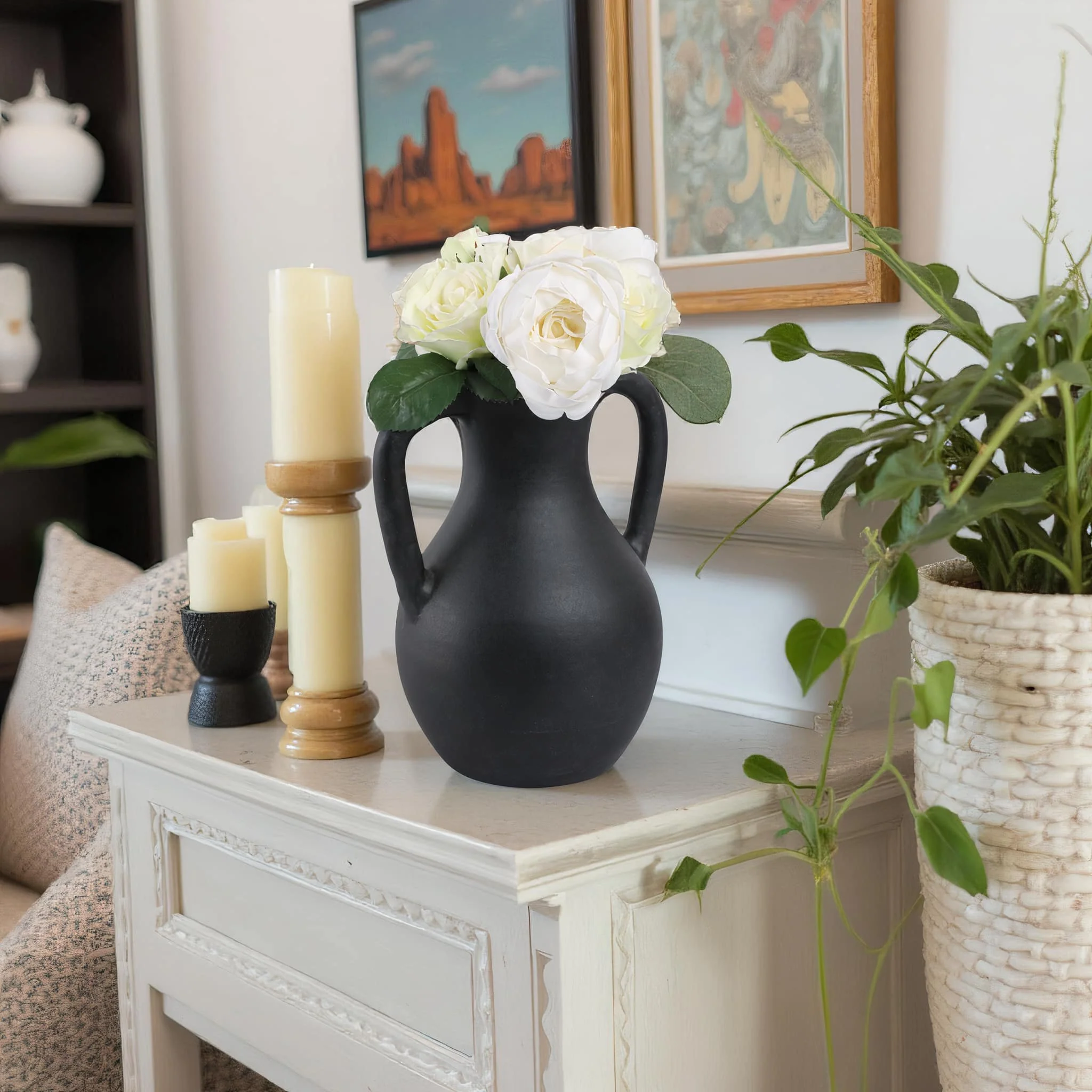 11x9" Terracotta Jug Vase With Handles, Black - Image 13