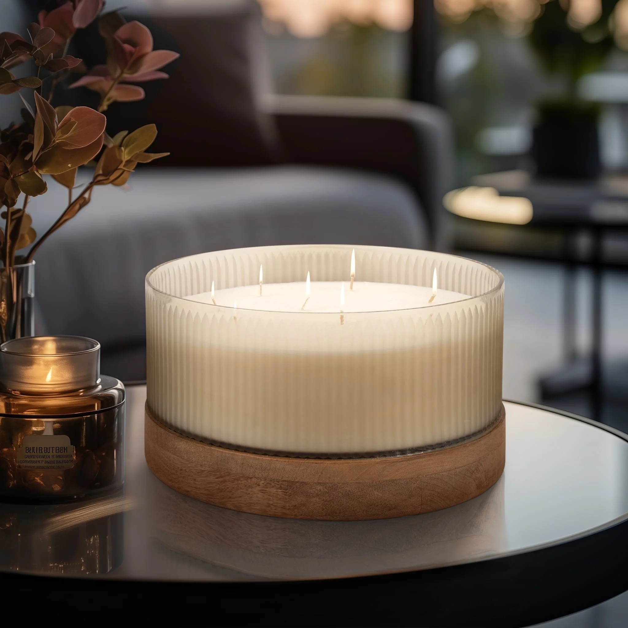12" 183 Oz Glass Candle W/ Wood Base, Ivory - Image 10