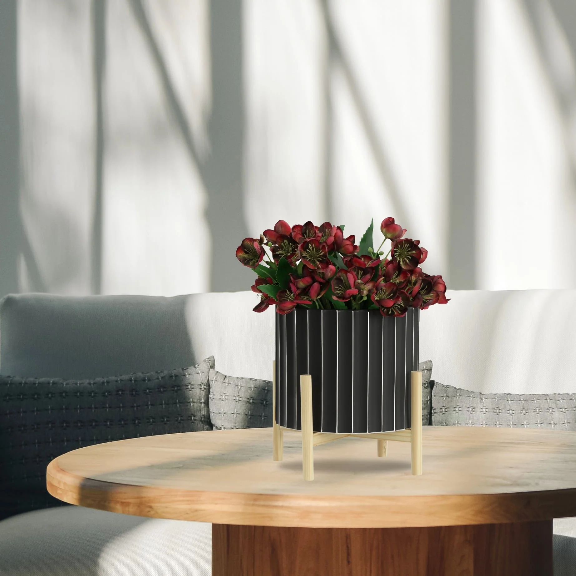 12" Ceramic Fluted Planter W/ Wood Stand, Black - Image 11