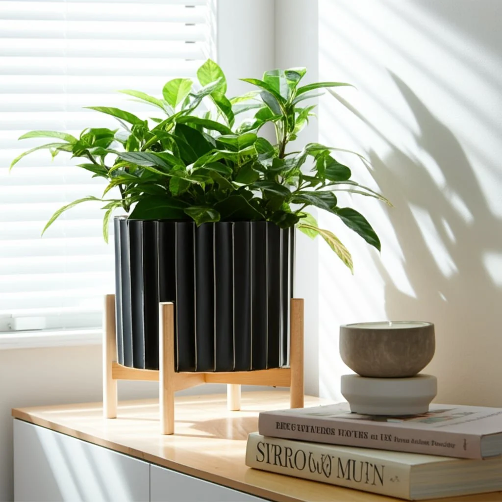 12" Ceramic Fluted Planter W/ Wood Stand, Black - Image 12