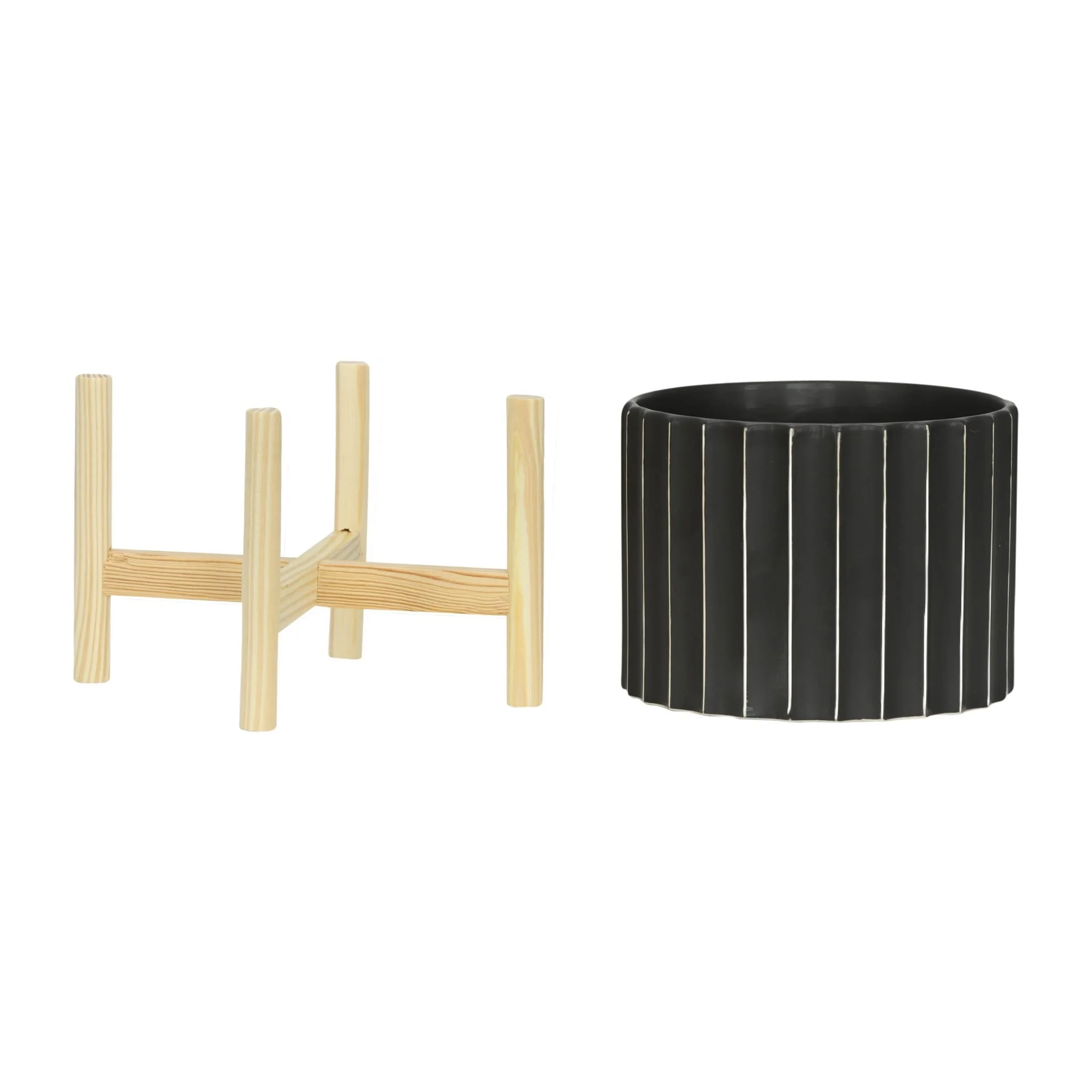 12" Ceramic Fluted Planter W/ Wood Stand, Black - Image 3