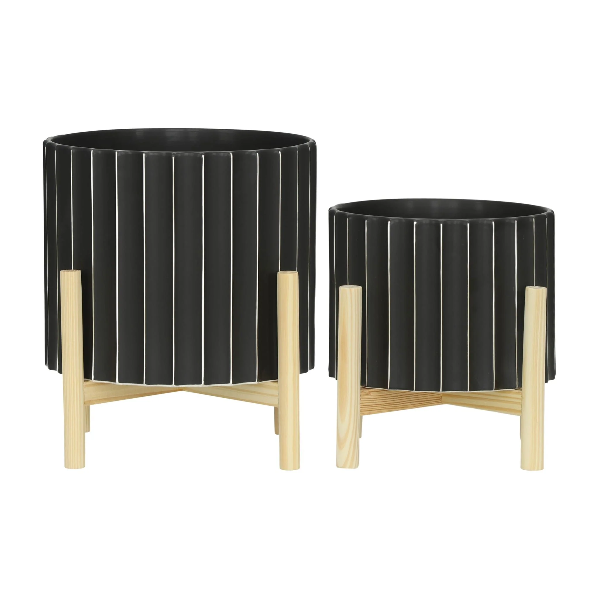 12" Ceramic Fluted Planter W/ Wood Stand, Black - Image 7