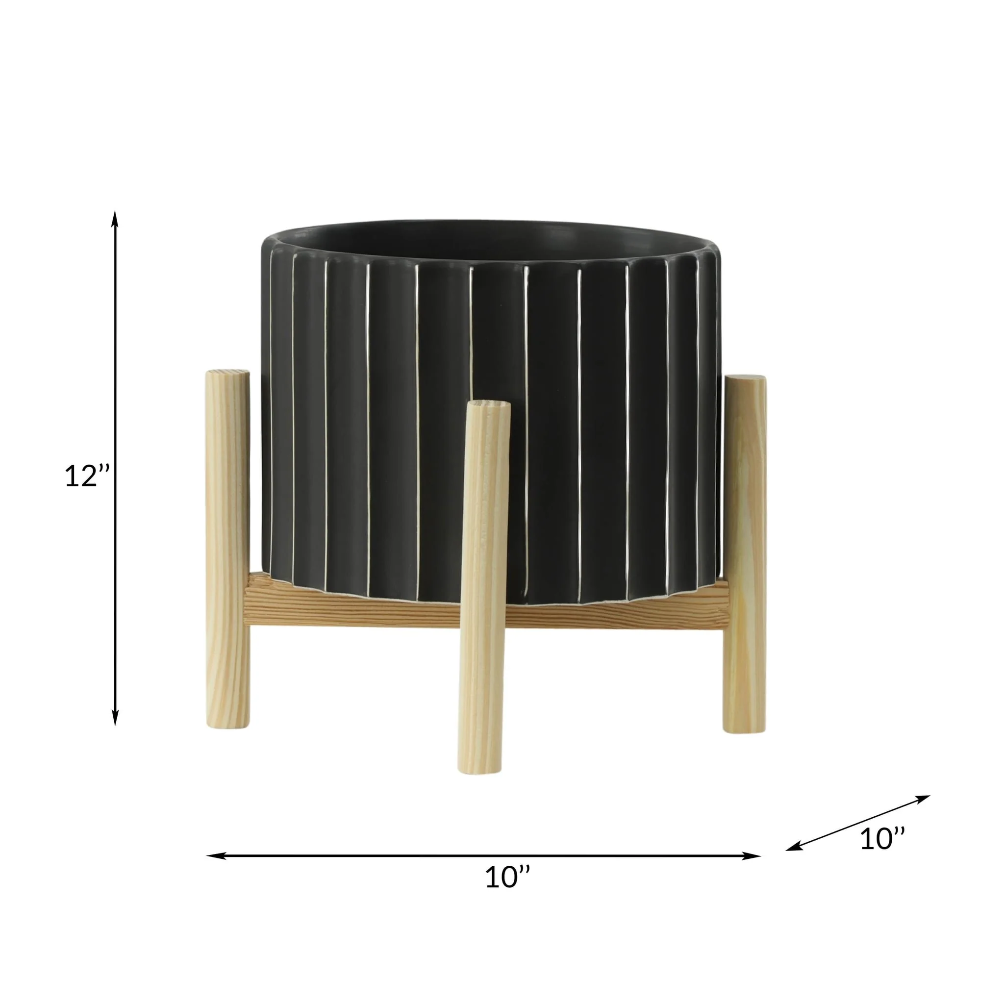 12" Ceramic Fluted Planter W/ Wood Stand, Black - Image 8