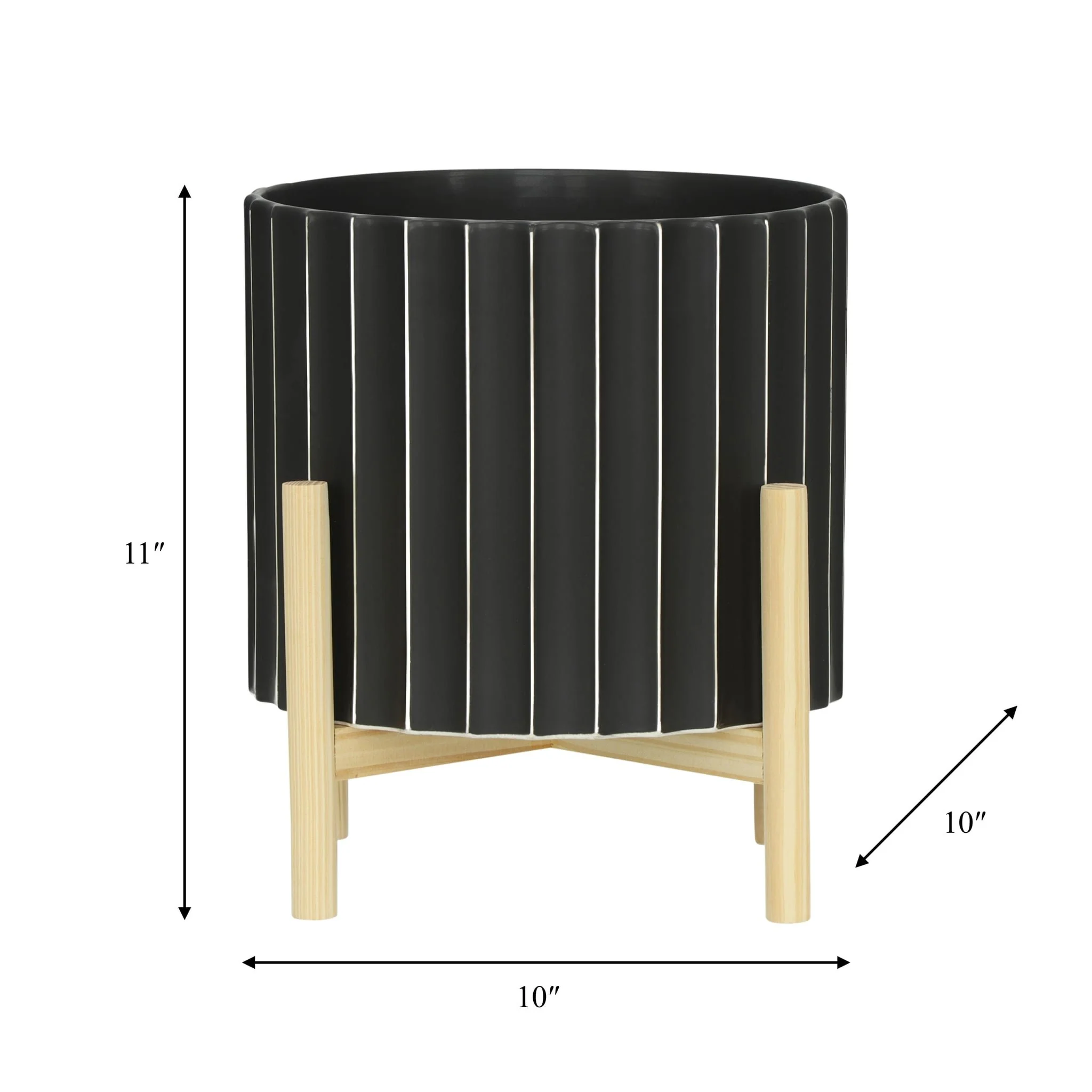 12" Ceramic Fluted Planter W/ Wood Stand, Black - Image 9