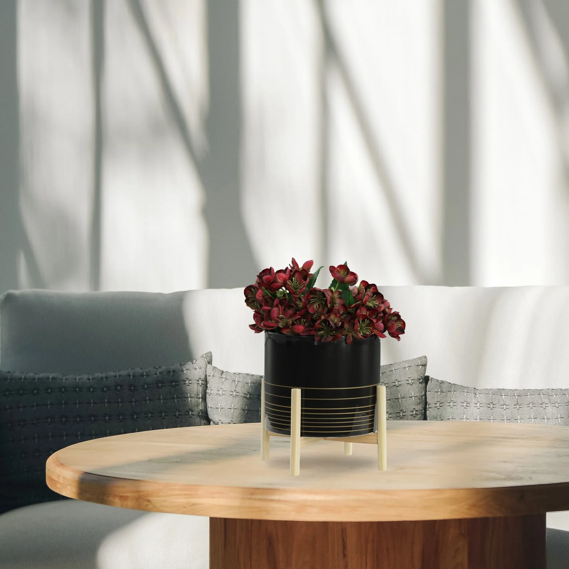 12" Ceramic Metallic Planter W/ Wood Stand, Black - Image 10