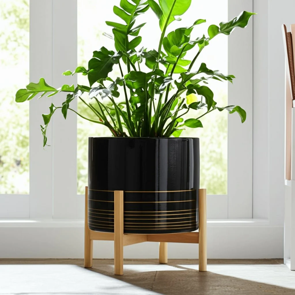 12" Ceramic Metallic Planter W/ Wood Stand, Black - Image 11