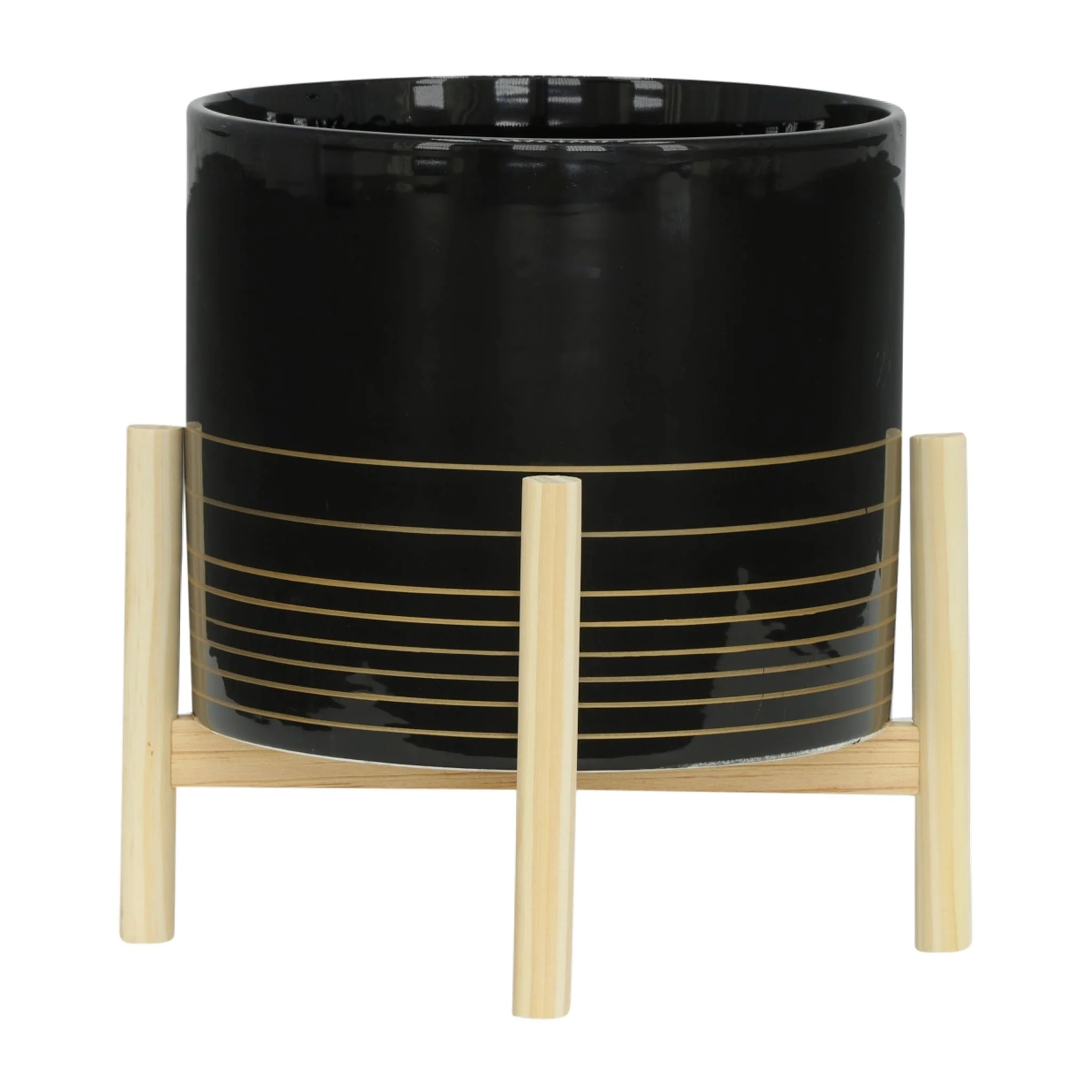 12" Ceramic Metallic Planter W/ Wood Stand, Black - Image 2