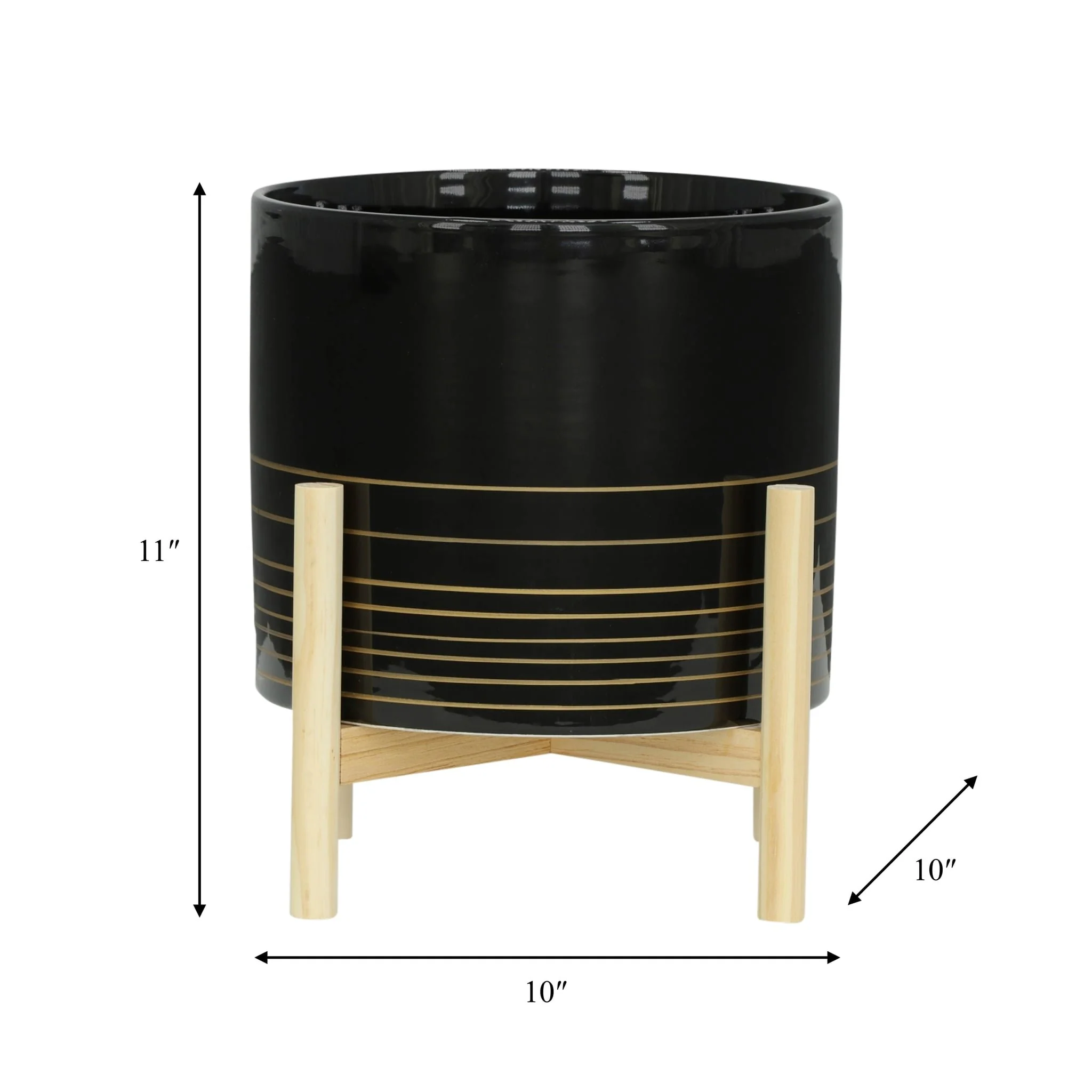 12" Ceramic Metallic Planter W/ Wood Stand, Black - Image 8