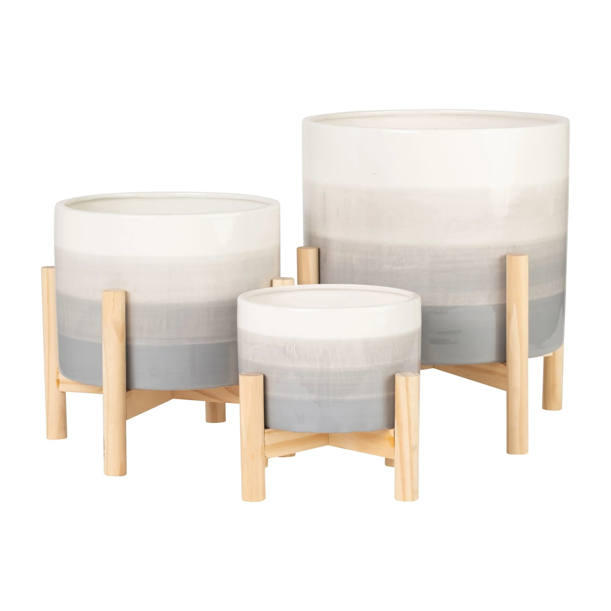 12" Ceramic Planter W/ Wood Stand, Beige Mix - Image 8